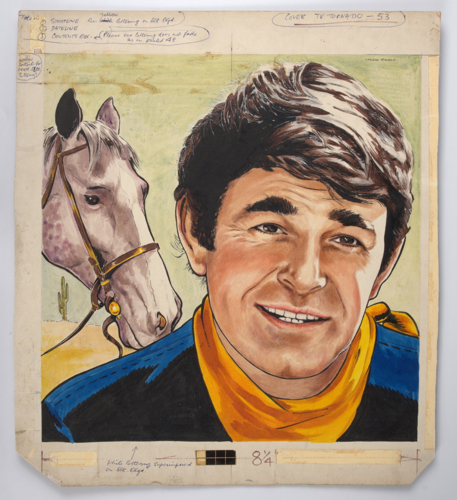 Mick Anglo TV Tornado #53 Cover Art of Stuart Whitman as Jim Crown (City Magazines, 1968) Total 3: TV Tornado #53 Cover Art of Stuart Whitman as Jim Crown (City Magazines, 1968) Total 3.Original cover artwork for TV Tornado #53 of Stuart Whitman as Jim Crown from Cimarron Strip. Cimarron Strip is a