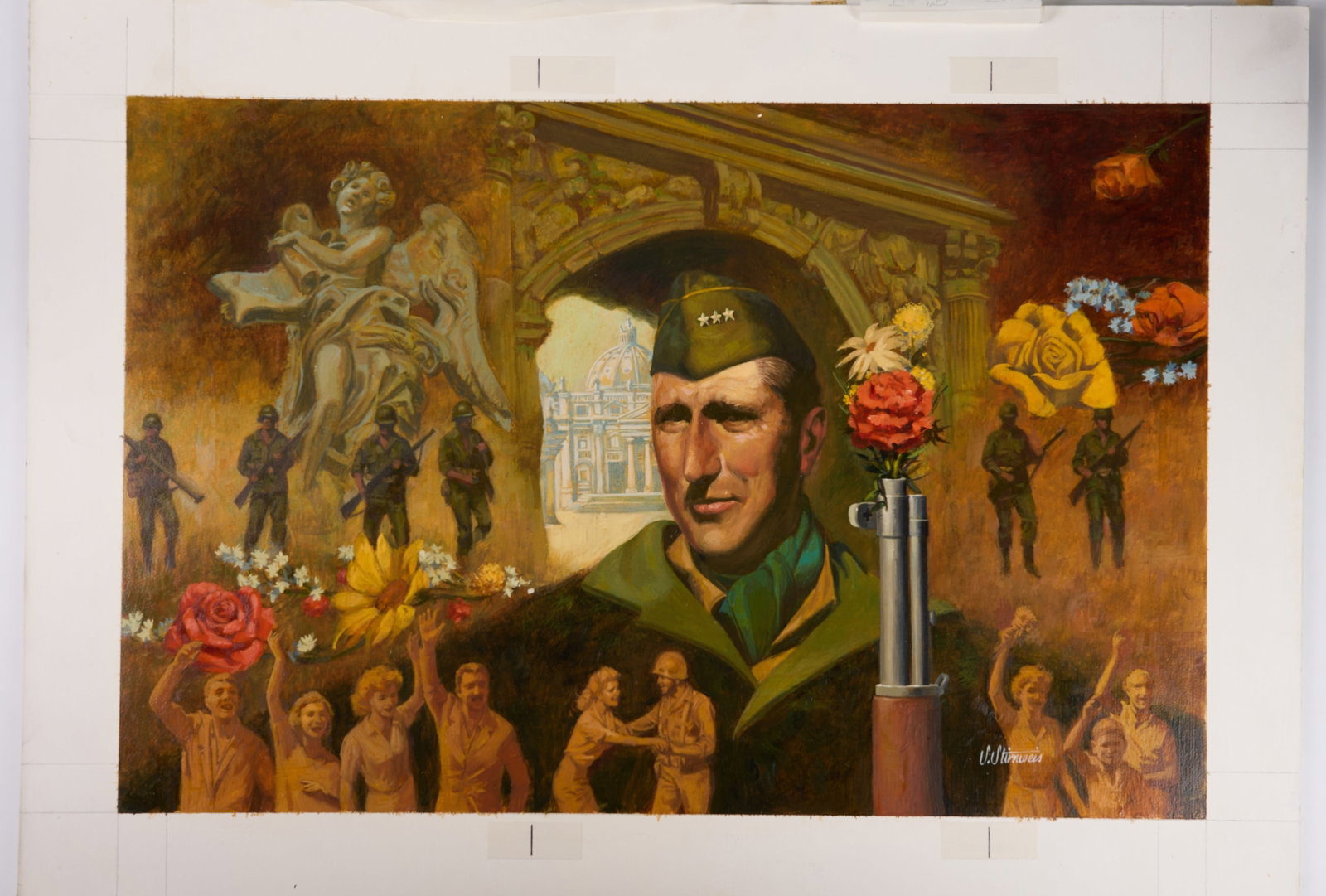 Shannon Stirnweis 'Rome Falls To Allies'' First Day Cover Artwork (Fleetwood, 1994): Shannon Stirnweis 'Rome Falls To Allies'' First Day Cover. Signed bottom right by Stirnweis. Pencil sketch on tracing paper over the artwork. Mixed media on board for First Day Cover in 1994.Measureme