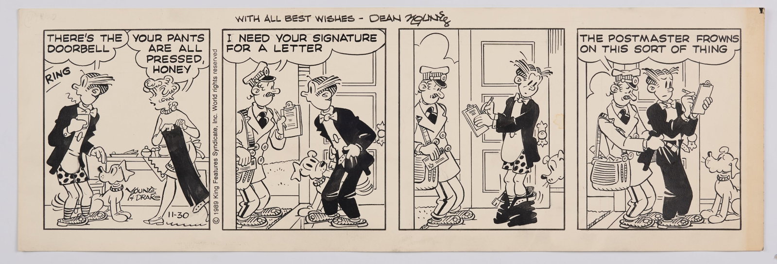 Dean Young and Frank Johnson Signed Ink Original Artwork (King Features, 1989-91) Total 2: Dean Young and Frank Johnson Signed Ink Original Artwork (King Features, 1989-91) Total 2.Ink four panel comic strip of Blondie & Dagwood, signed by Dean Young with ?Best Wishes? in top middle. Printe