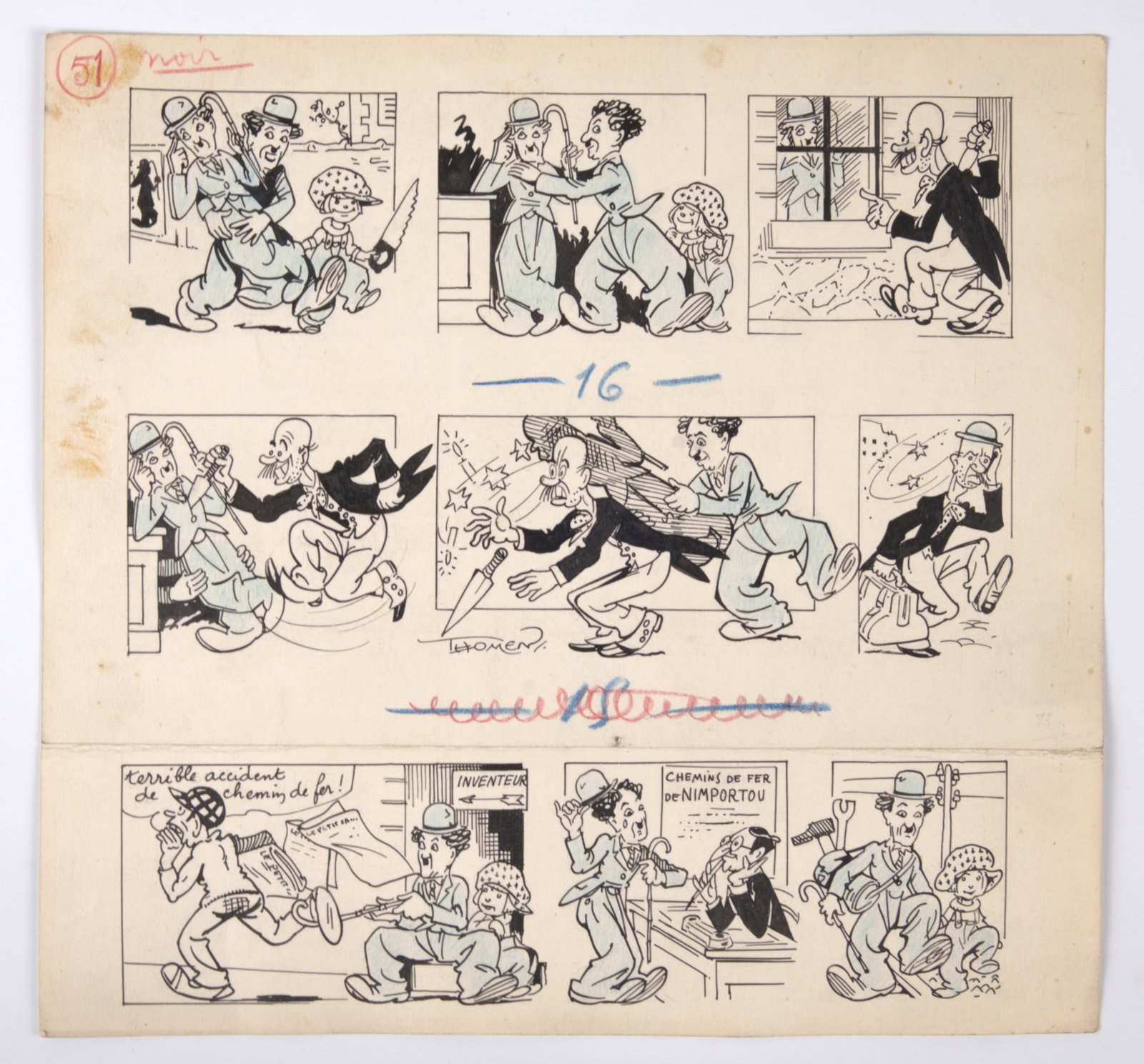 Raoul Thomen Charlie Chaplin Influence 'Charlot' Platinum Age Ink Comic Strip (1 of 3)