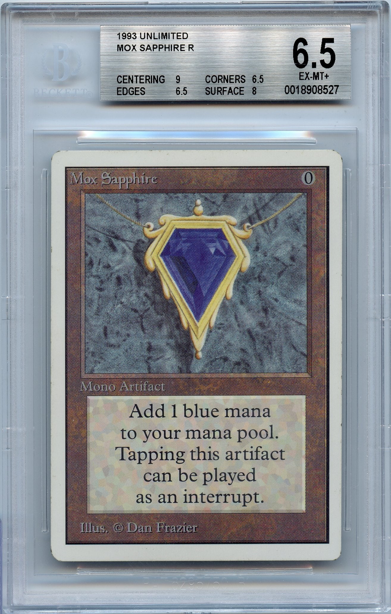 BGS 6.5 Mox Sapphire - Unlimited Power Nine: Mox Sapphire from Unlimited, graded EX-MT+ by BGS.This Mox Sapphire looks fantastic, with impressive subgrades of 9 for centering and 8 for surface.
