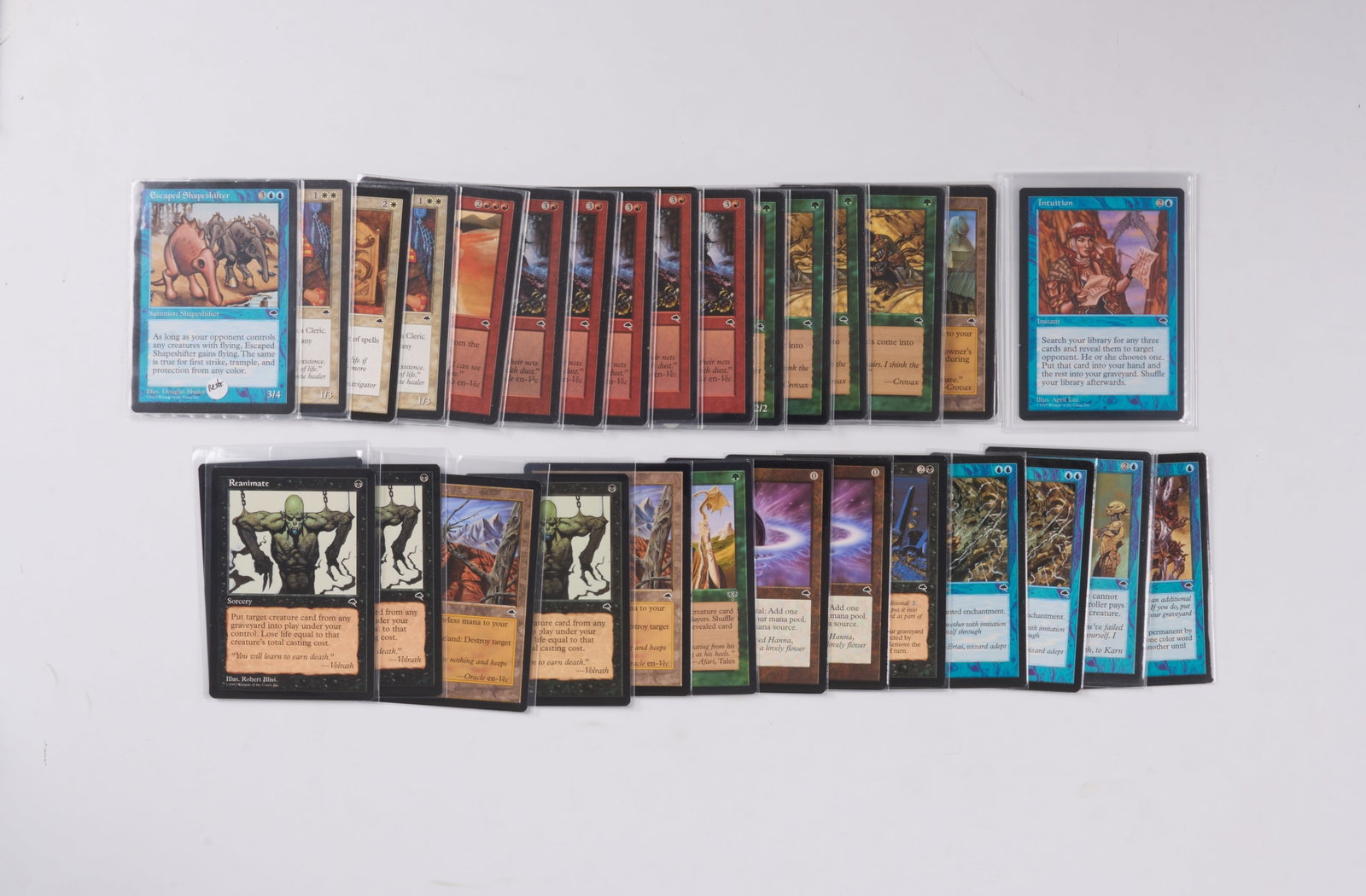 Mirage // Tempest Collection - Intuition, Worldly Tutor, Corpse Dance, Wasteland, Reanimate: This lot features a collection of cards from the Mirage and Tempest sets, excellently preserved and mostly in EX-NM condition, with some exceptions. 100s of cards are included, with many stunning basi