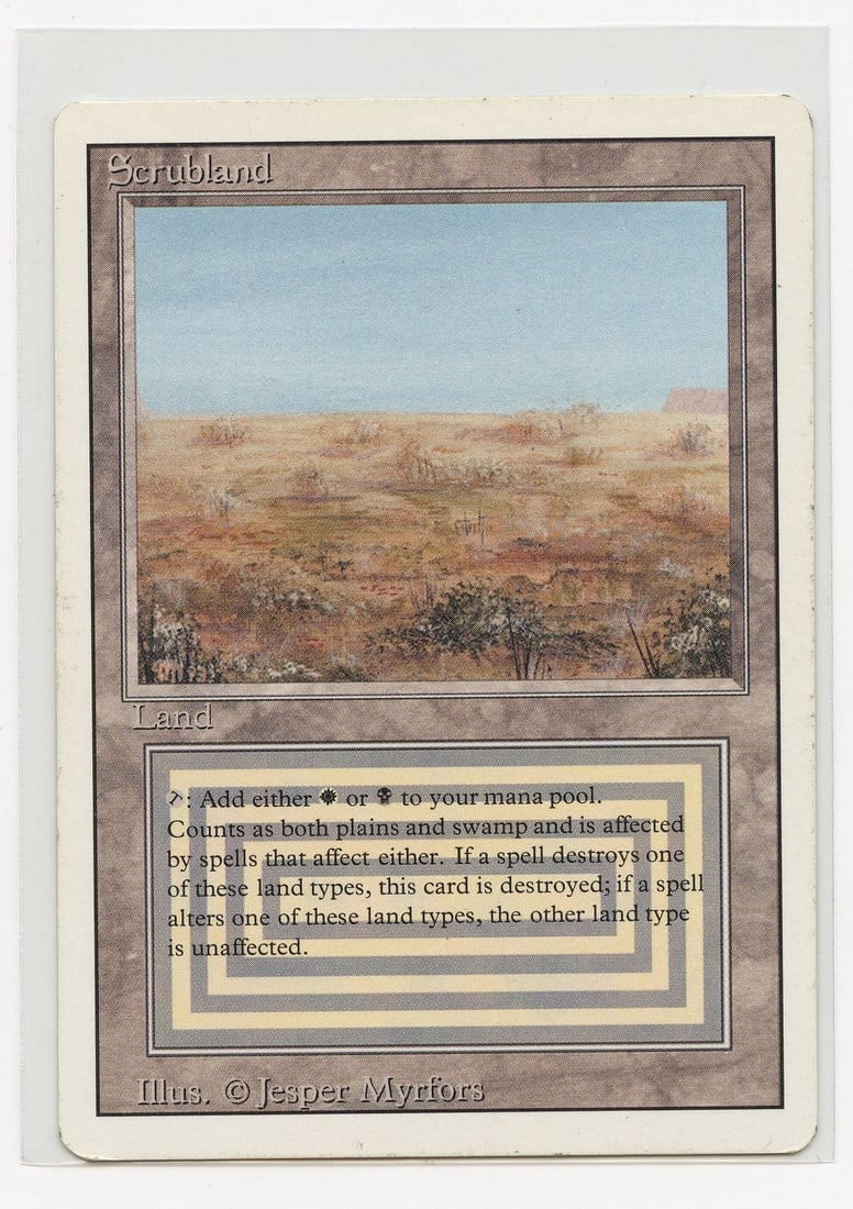 Scrubland - Revised Dual Land (GD): Scrubland from Revised, in Good condition. Some surface wear and chips/whitening can be seen on the card's border, alongside light dirt.
