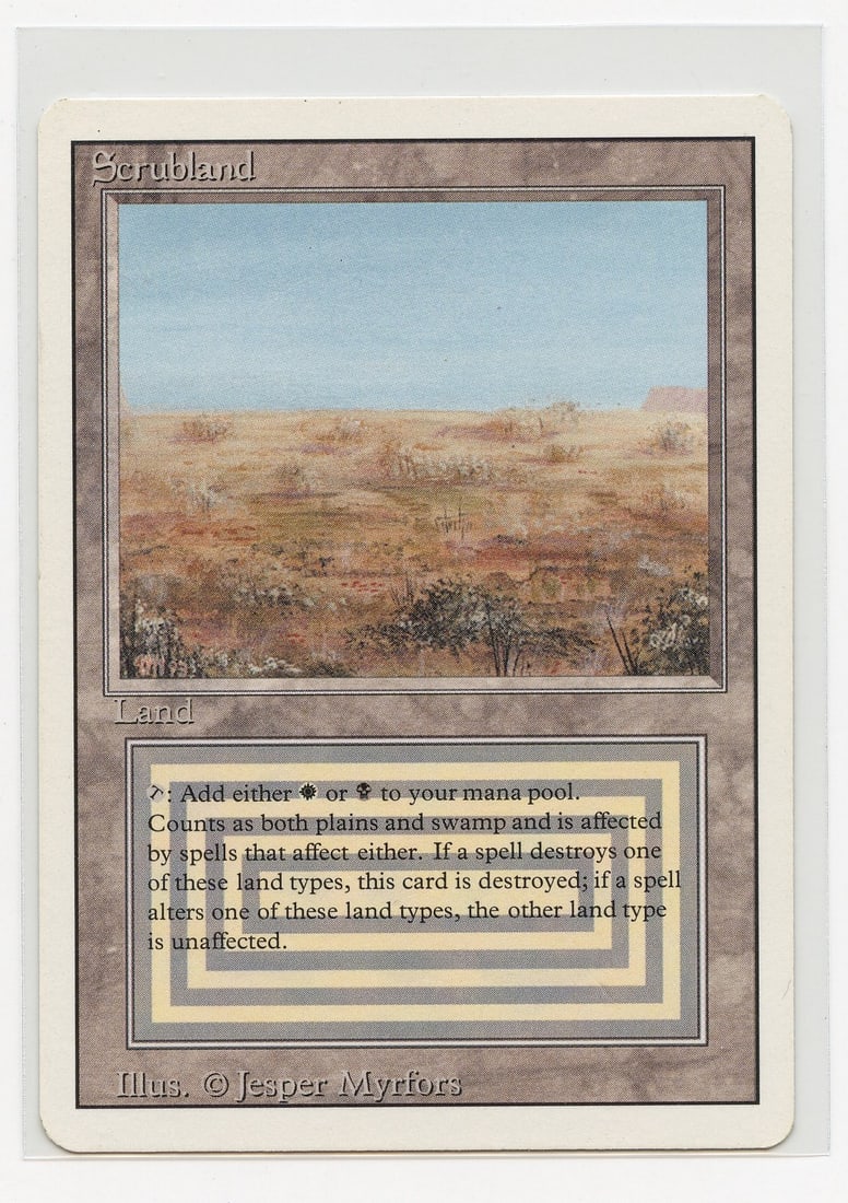 Scrubland - Revised Dual Land (GD): Scrubland from Revised, in Good condition. Some light surface wear/hazing can be seen on this card's rear face.