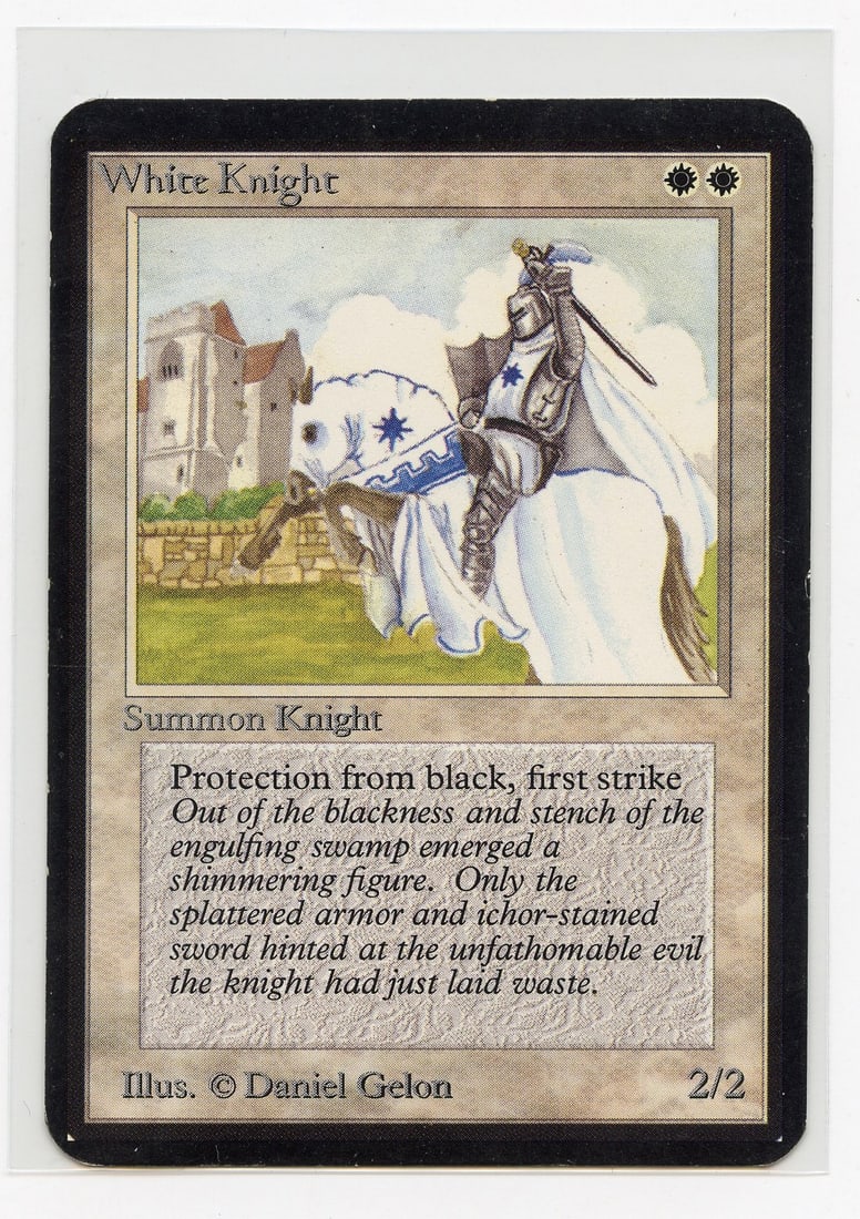 White Knight- Alpha (LP): White Knight from Limited Edition Alpha in Light Played condition, with some border wear and surface marks, alongside notable warping.