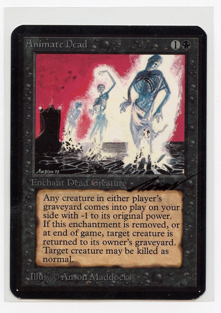 Animate Dead - Alpha (Signed, PL): Animate Dead from Limited Edition Alpha in Played condition, signed by the original artist Anson Maddocks. While this card presents excellently, there is a notable bend/crease across the card that is