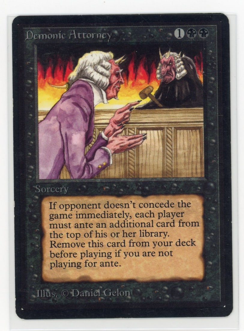 Demonic Attorney - Beta (EX): Demonic Attorney from Beta, in Excellent Condition.This infamous card has been well looked after over the years, with only light border wear and surface marks. This visually appealing example is a