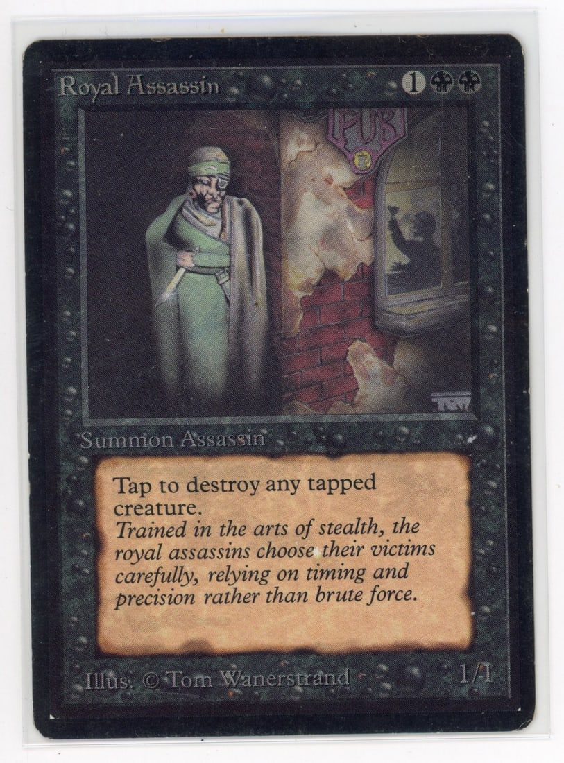 Royal Assassin - Beta (PO): Royal Assassin from Beta, in Poor condition.This Royal Assassin has seen many a battle. The card has some structural warping, with some residue on the back surface. Heavy Surface wear can also be