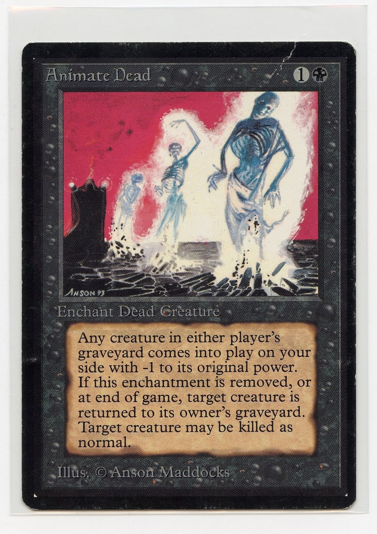 Animate Dead - Beta (PL): Animate Dead from Limited Edition Beta in Played condition. This card has seen some use over the years. A binder dent and notable crease can be see in addition to the usual surface and border wear
