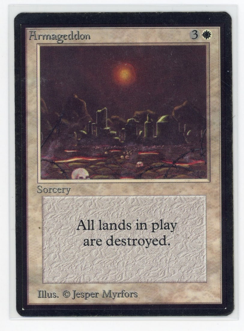 Armageddon - Beta (inked, PO): This Armageddon from Beta initially presents as an Excellent copy, however several inked spots on the card's border make this a Poor copy in accordance with Magic Cardmarket's guidelines.Light