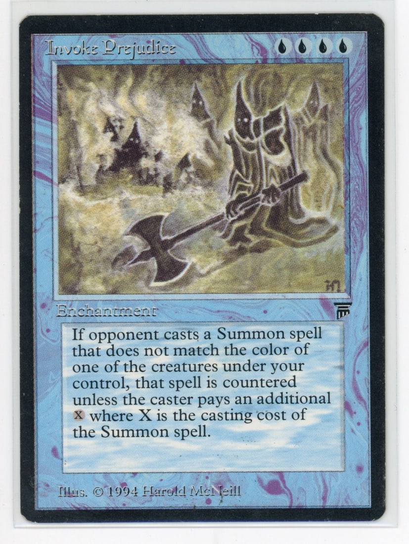 Invoke Prejudice - Legends (GD): Invoke Prejudice from Legends, in Good condition.This card shows some signs of use, including wear on the borders and surface marks.