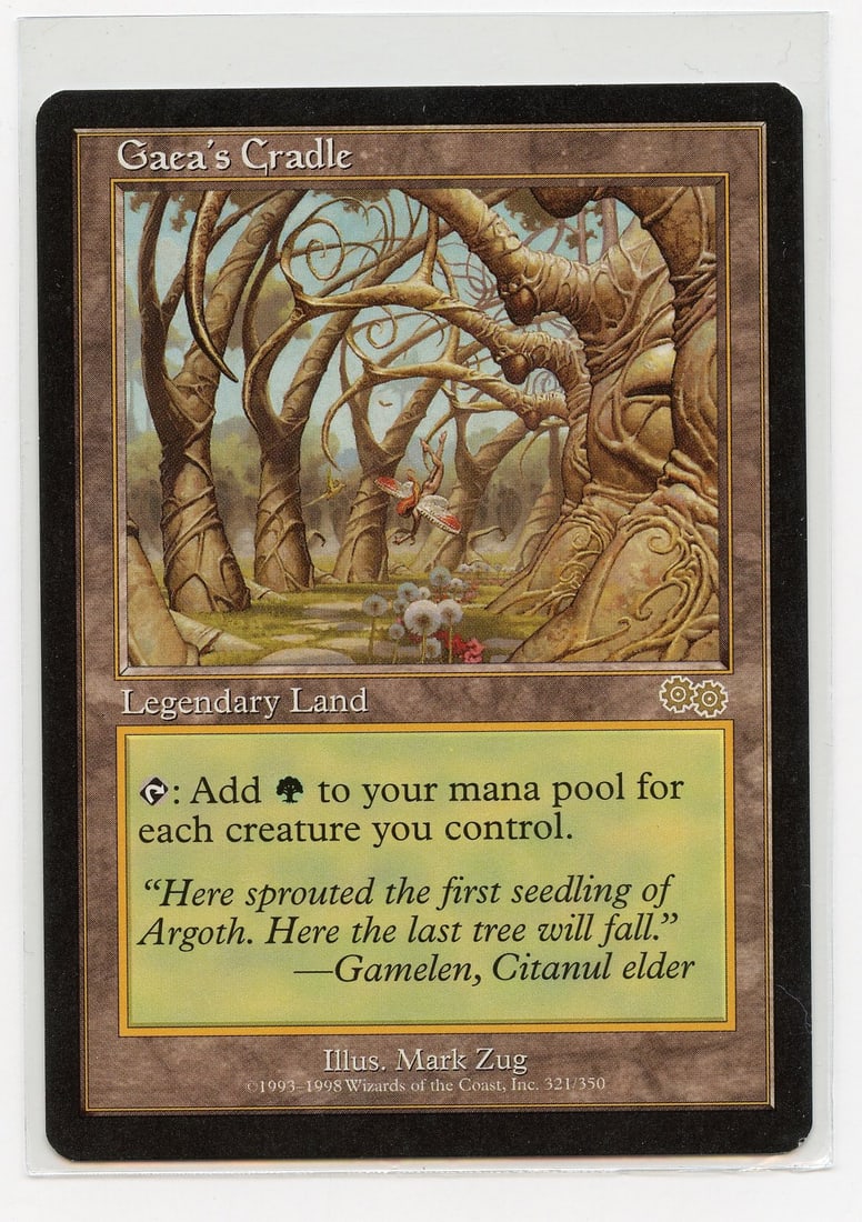 Gaea's Cradle - Urza's Saga (EX): This Gaea's Cradle, from the Urza's saga expansion is considered to be in excellent condition. The front of the card is free of scratches, marks or edgewear. The back of the card has one minor white/b