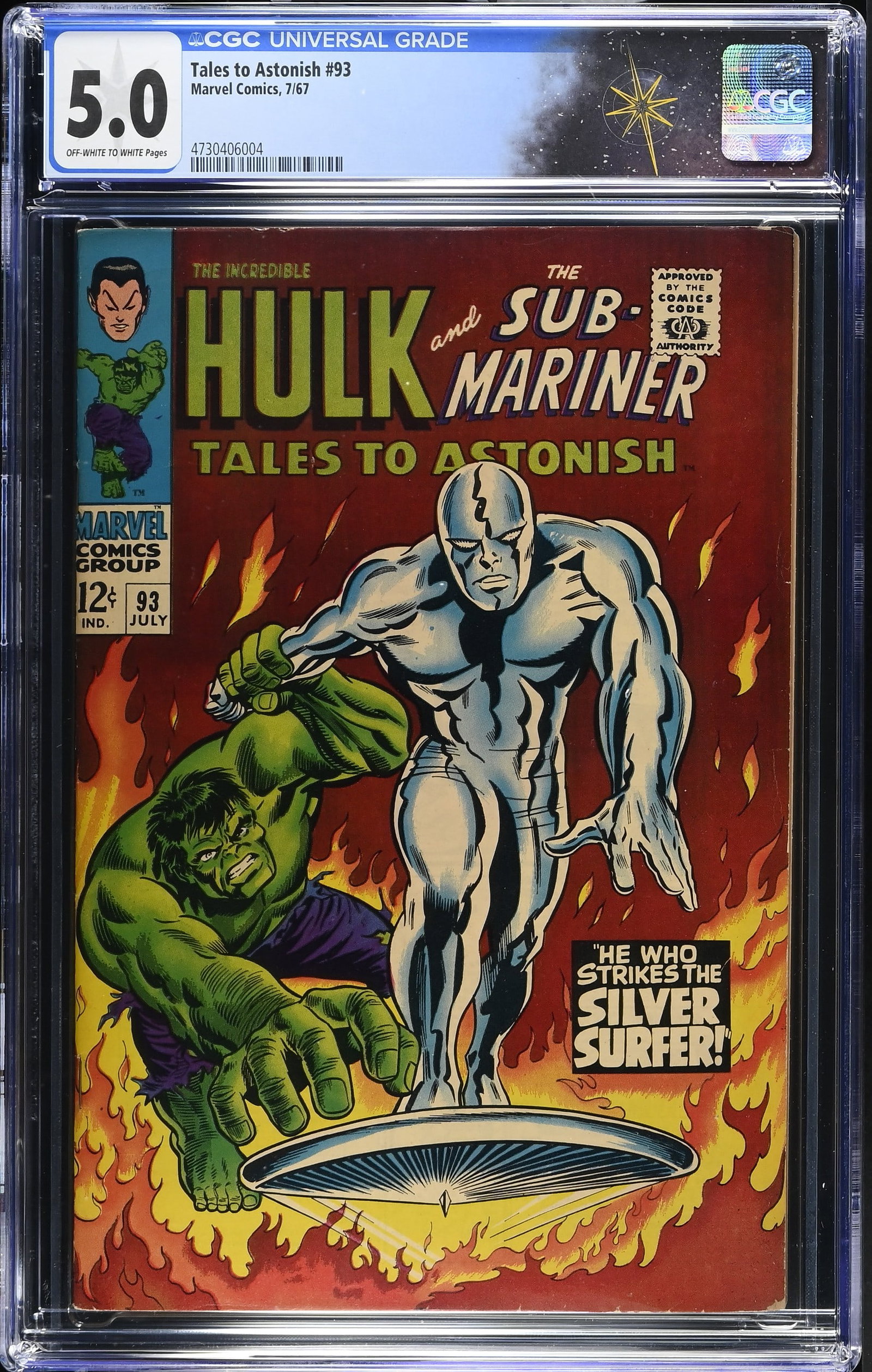 Tales to Astonish #93 CGC 5.0 1st Silver Surfer App. Outside Fantastic Four (Marvel Comics, 1967): Tales to Astonish #93 CGC 5.0 1st Silver Surfer App. Outside Fantastic Four (Marvel Comics, 1967).Cover by Marie Severin and Frank Giacoia. The Monarch and the Monster, script by Roy Thomas and Dan Ad