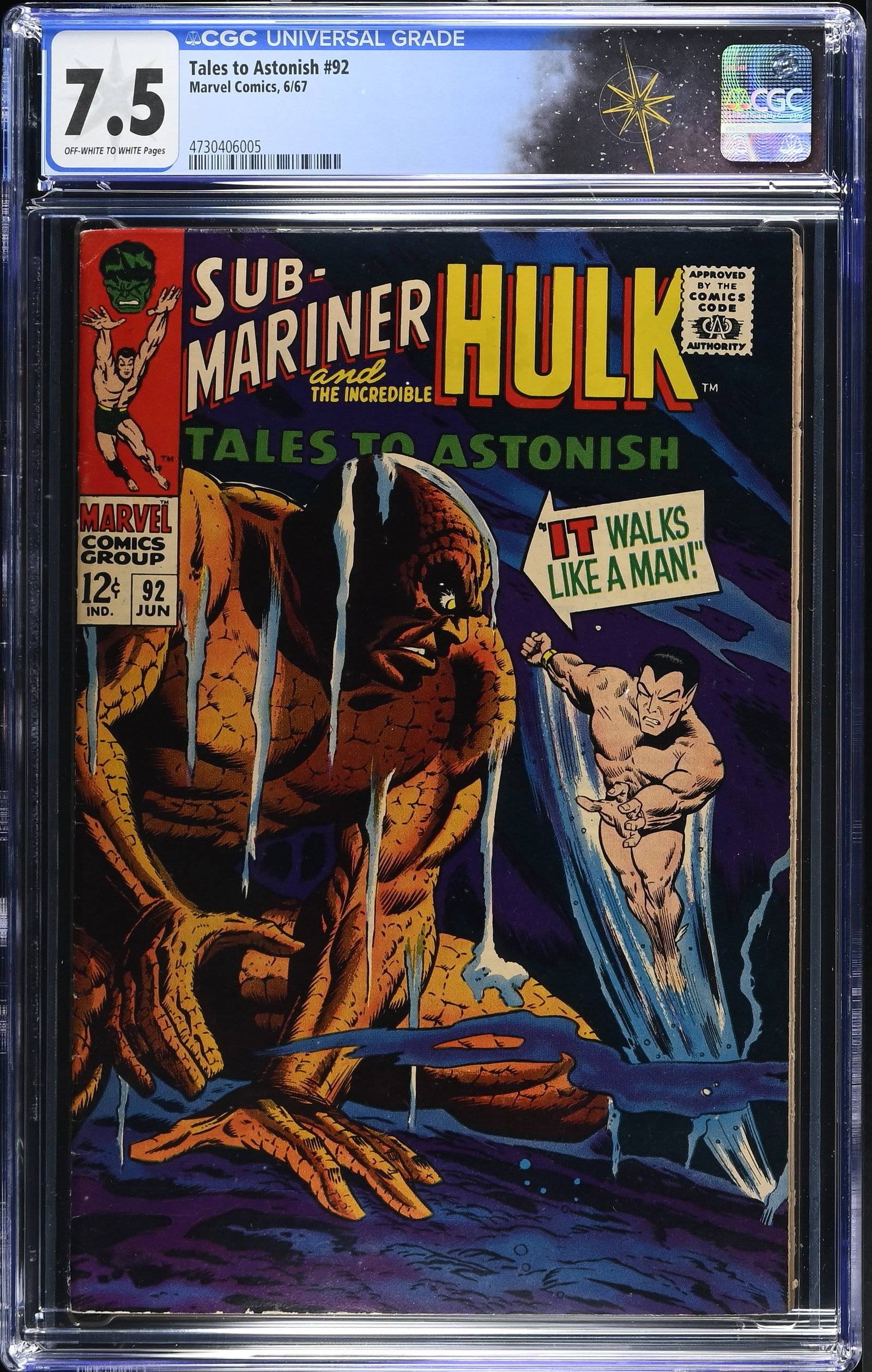 Tales to Astonish #92 CGC 7.5 Stan Lee Story & Dan Adkins Cover (Marvel Comics, 1967) Off-White to: Tales to Astonish #92 CGC 7.5 Stan Lee Story, Dan Adkins Cover (Marvel Comics, 1967).Cover by Don Heck and Dan Adkins. ?It Walks Like a Man!?, script by Stan Lee, art by Dan Adkins; When a passing shi