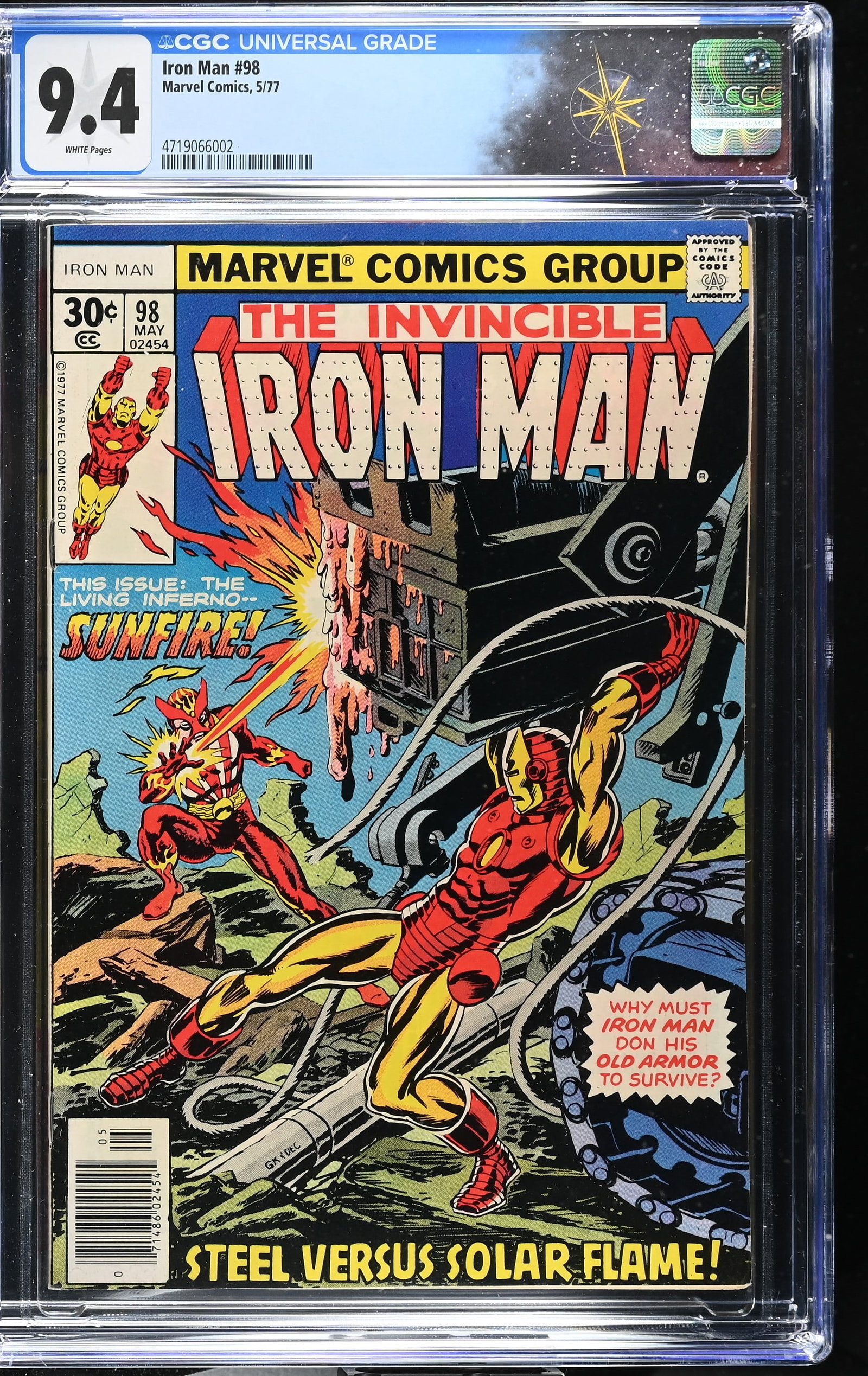 Iron Man #98 CGC 9.4 "Sunfire Strikes Again!" Cover by Gil Kane (Marvel Comics, 1977) White Pages (1 of 2)