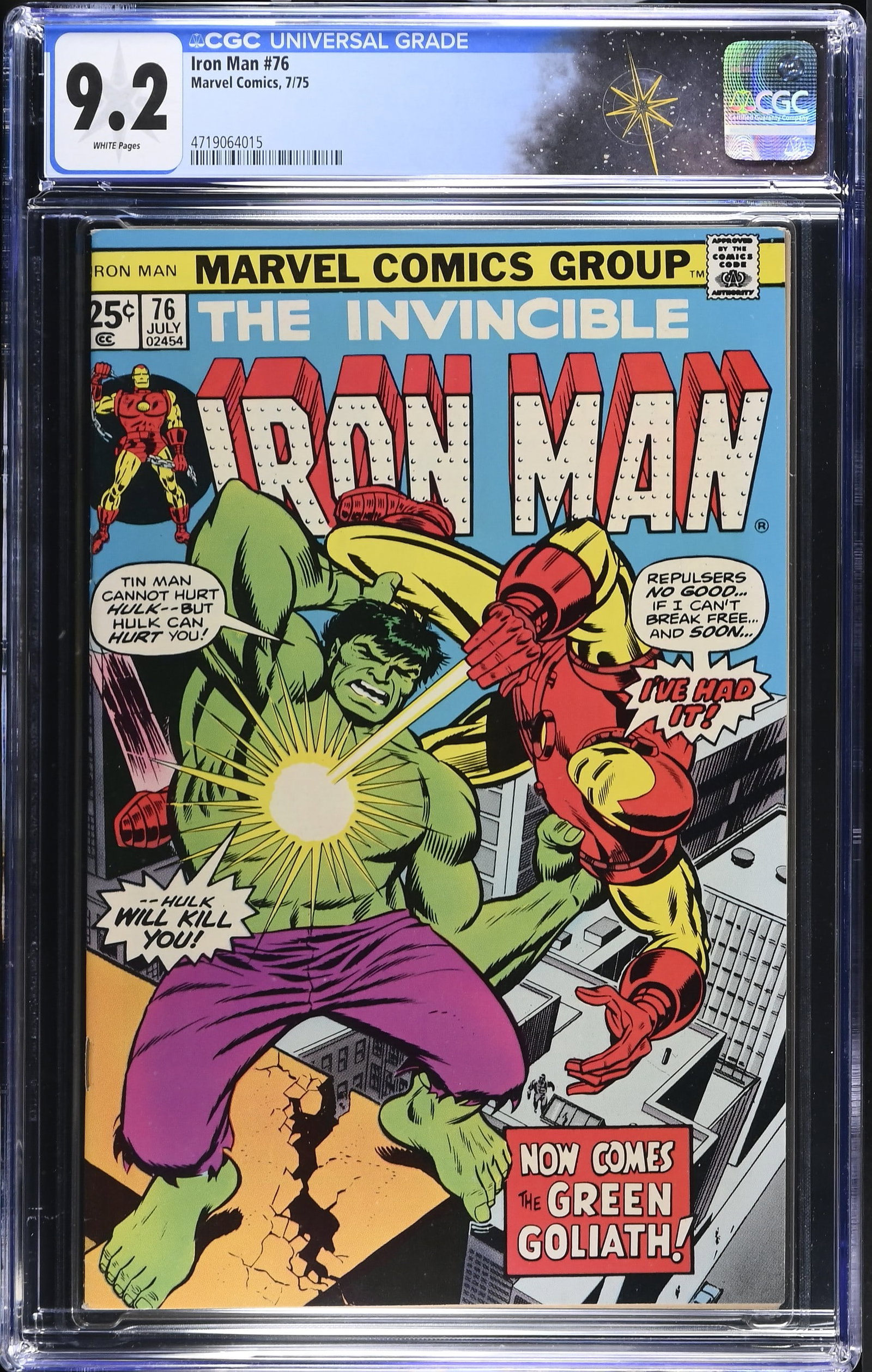Iron Man #76 CGC 9.2 "There Lives A Green Goliath" (Marvel Comics, 1975) White Pages: Iron Man #76 CGC 9.2 "There Lives A Green Goliath" (Marvel Comics, 1975)."There Lives A Green Goliath" Story by Archie Goodwin. Art by George Tuska and Johnny Craig. The issue is a reprint of Iron Man
