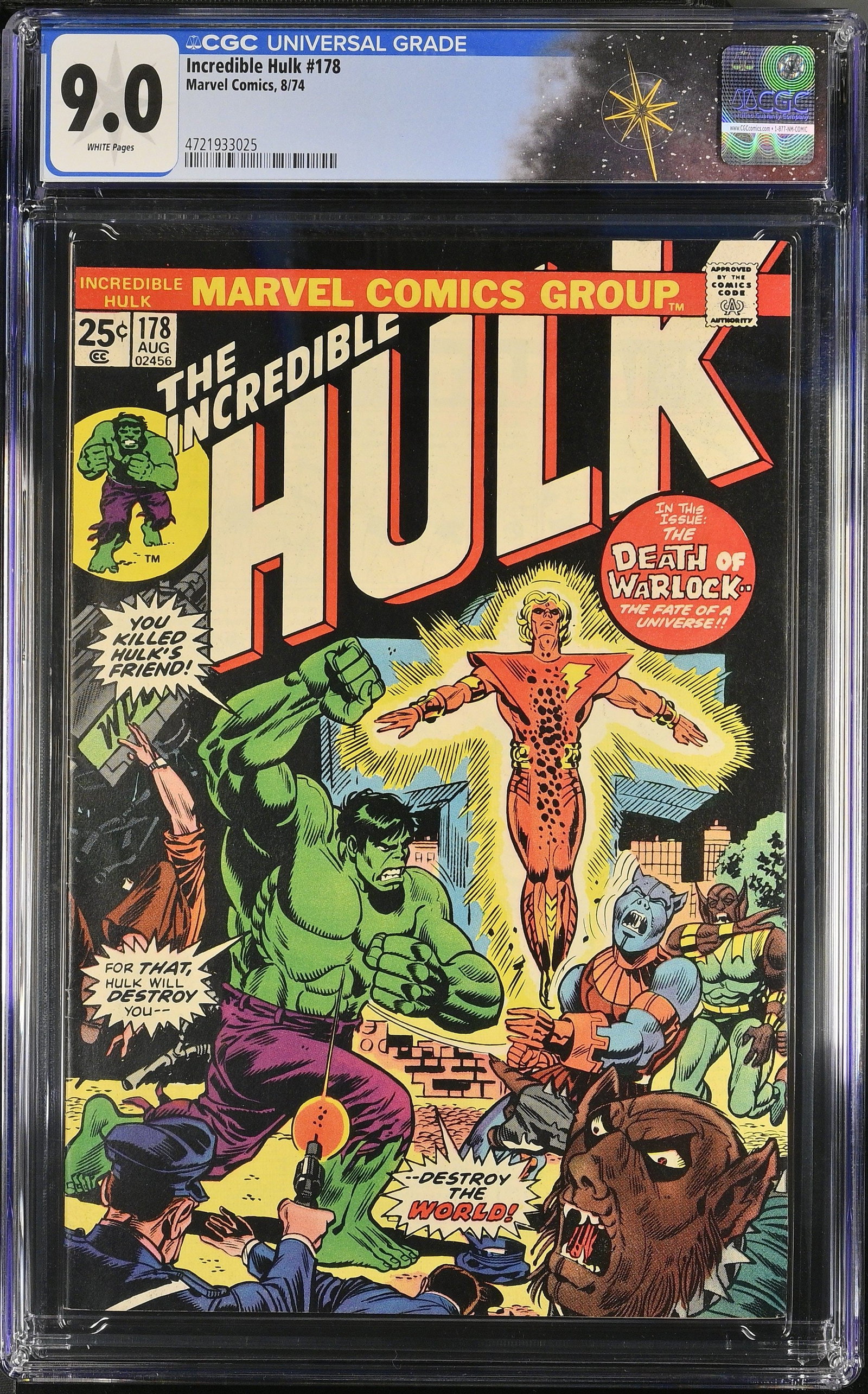 Incredible Hulk #178 CGC 9.0 "Triumph On Terra-Two" Death & Rebirth of Warlock (Marvel Comics, 1974) (1 of 2)