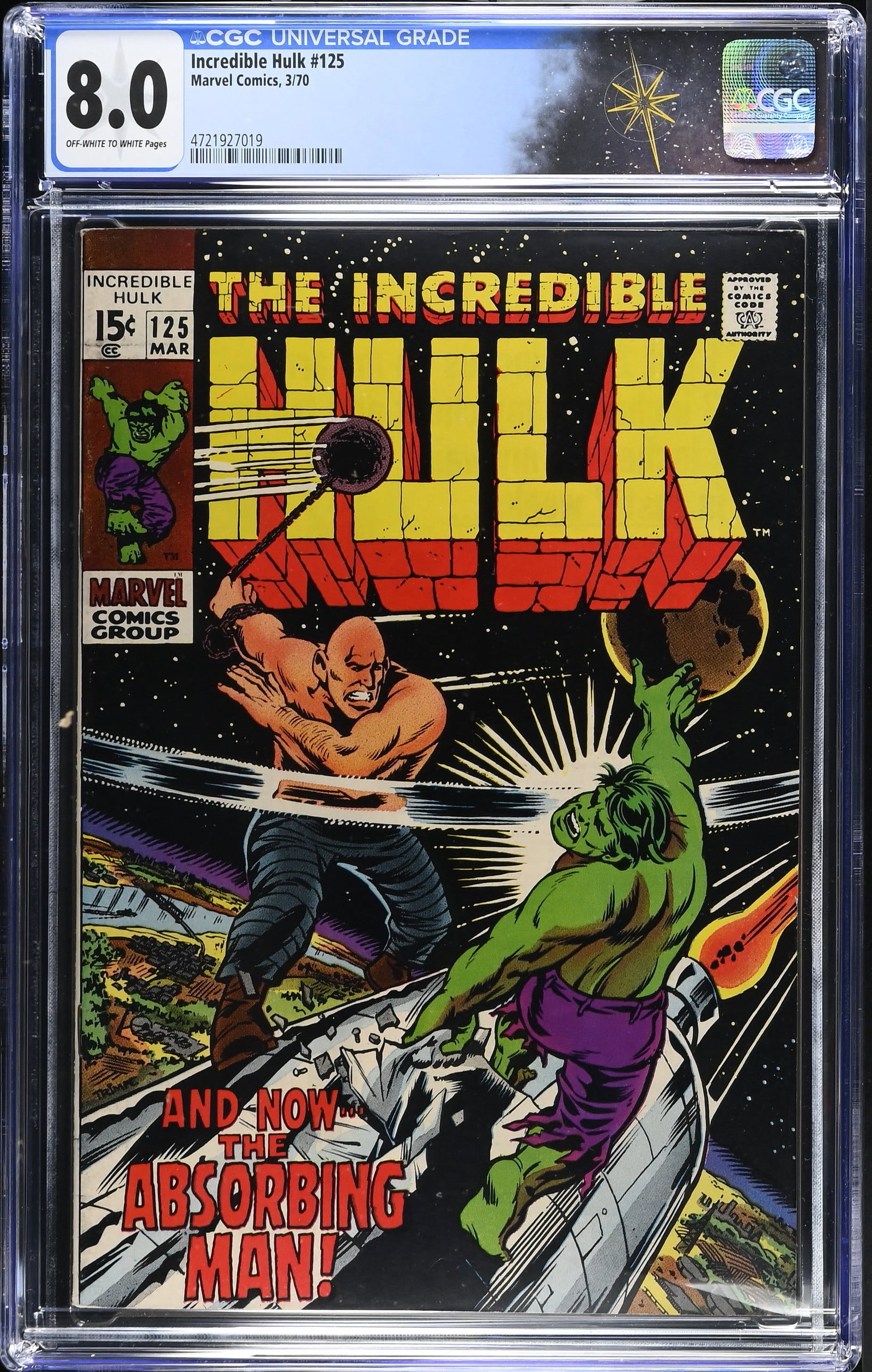 Incredible Hulk #125 CGC 8.0 "And Now, the Absorbing Man!" (Marvel Comics, 1970) Off-White to White (1 of 2)