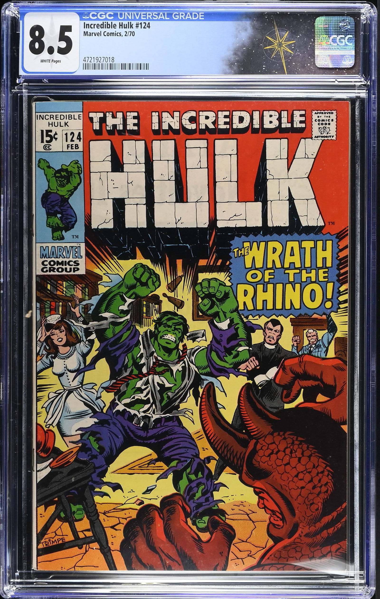 Incredible Hulk #124 CGC 8.5 "The Rhino Says No!" Herb Trimpe Cover Roy Thomas Script (Marvel (1 of 2)