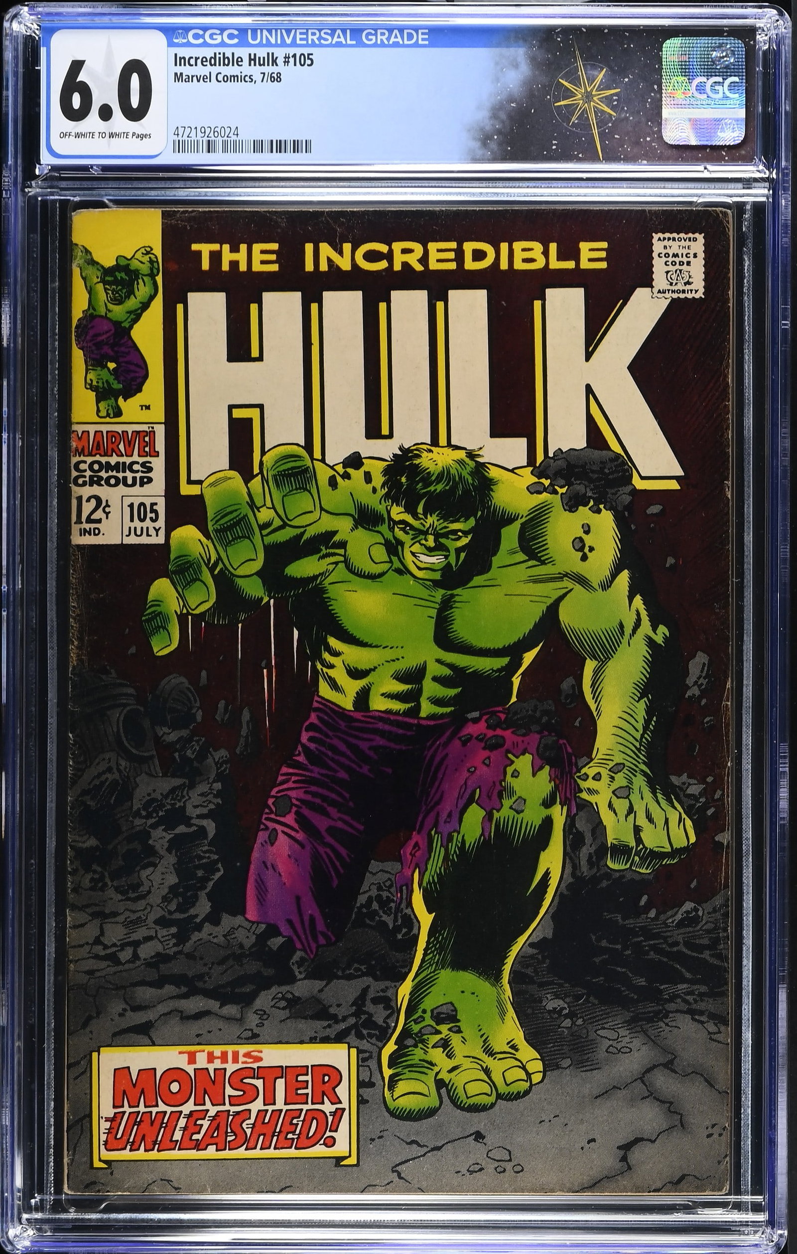 Incredible Hulk #105 CGC 6.0 ?This Monster Unleashed!? Marie Severin Cover (Marvel Comics, 1968) (1 of 2)