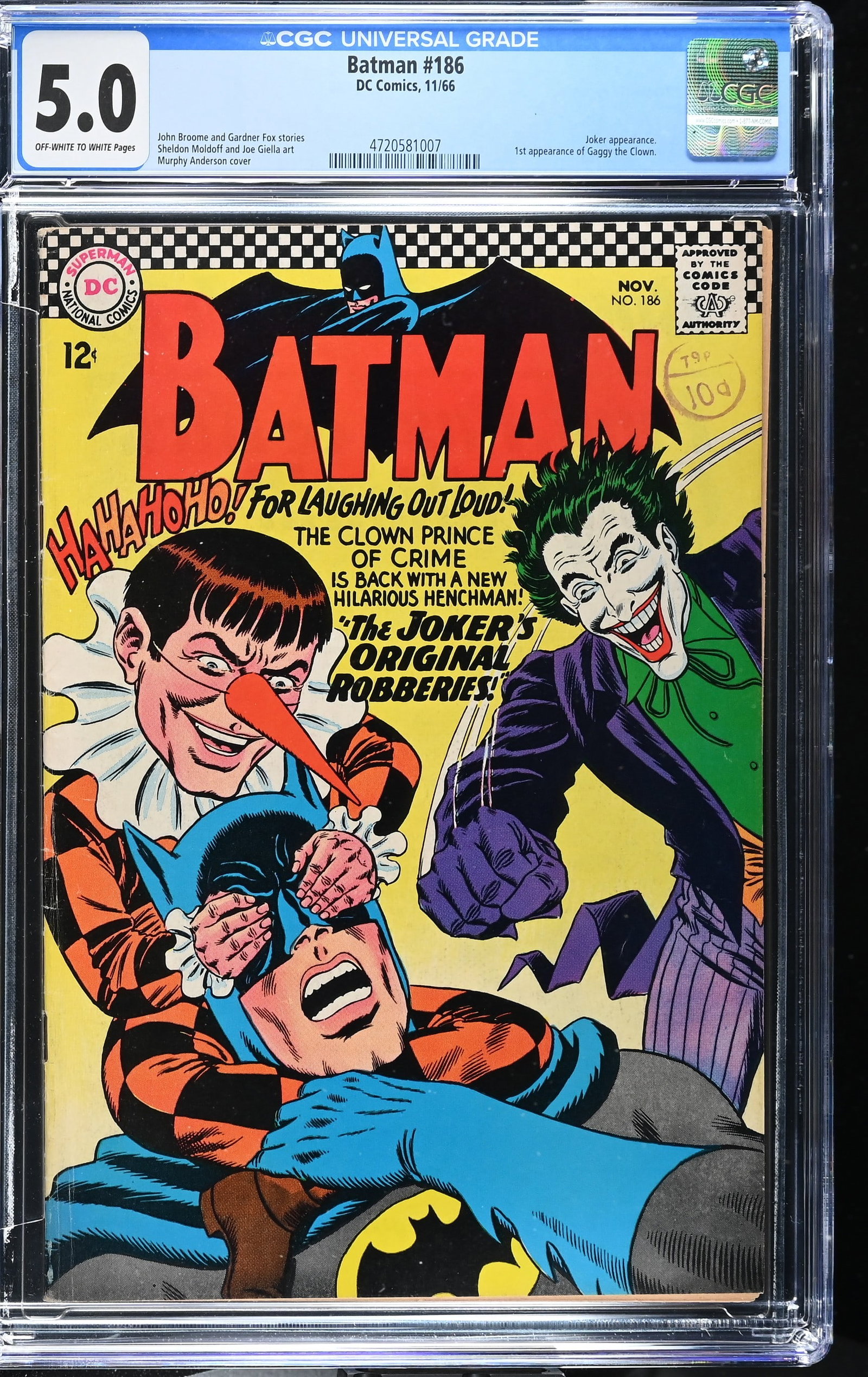 Batman #186 CGC 5.0 1st Appearance of Gaggy the Clown Joker Cover (DC Comics, 1966) Off-White to (1 of 2)