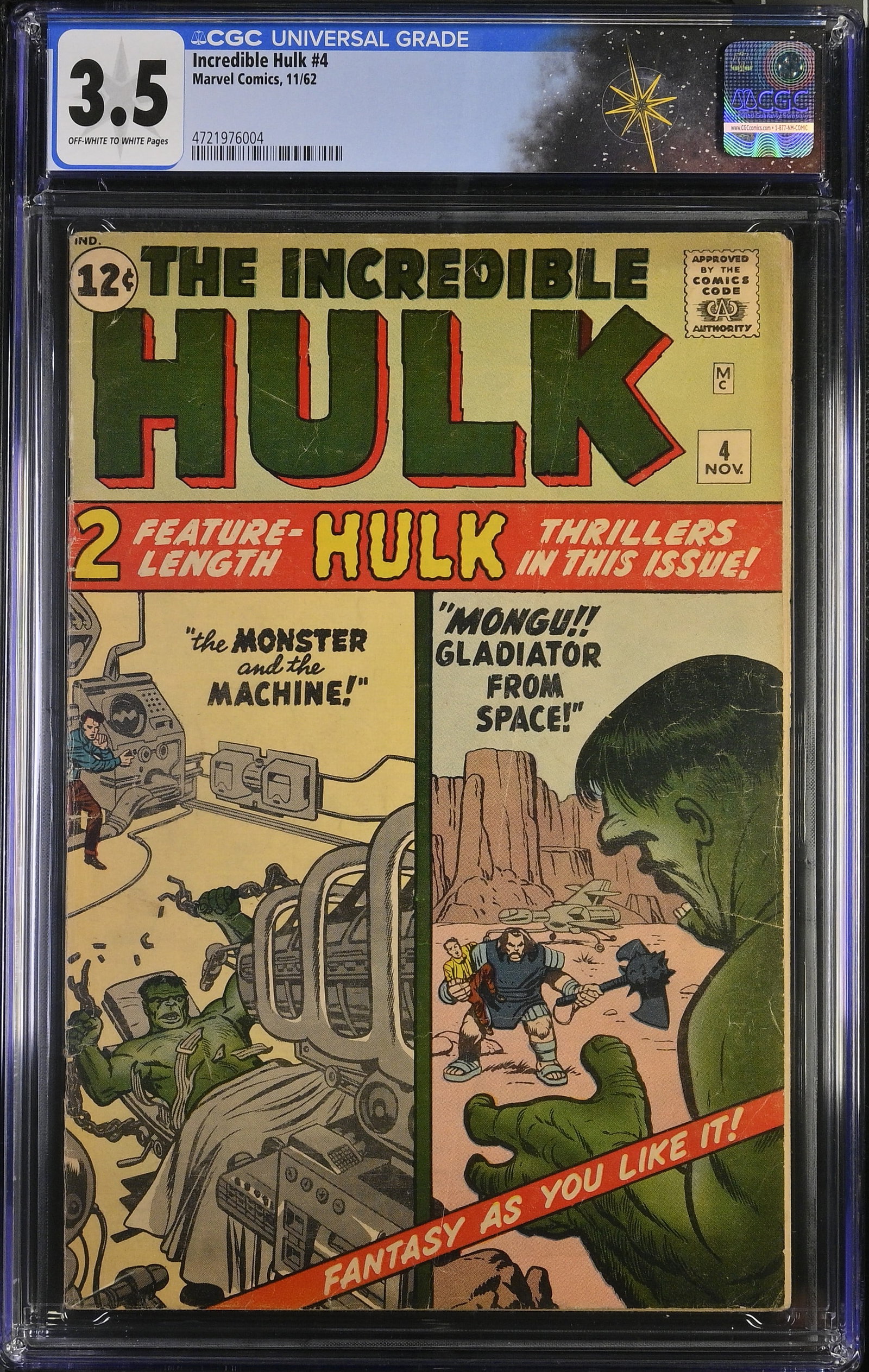 Incredible Hulk #4 CGC 3.5 Cover by Jack Kirby & Dick Ayers Story by Stan Lee (Marvel Comics, 1962) (1 of 2)