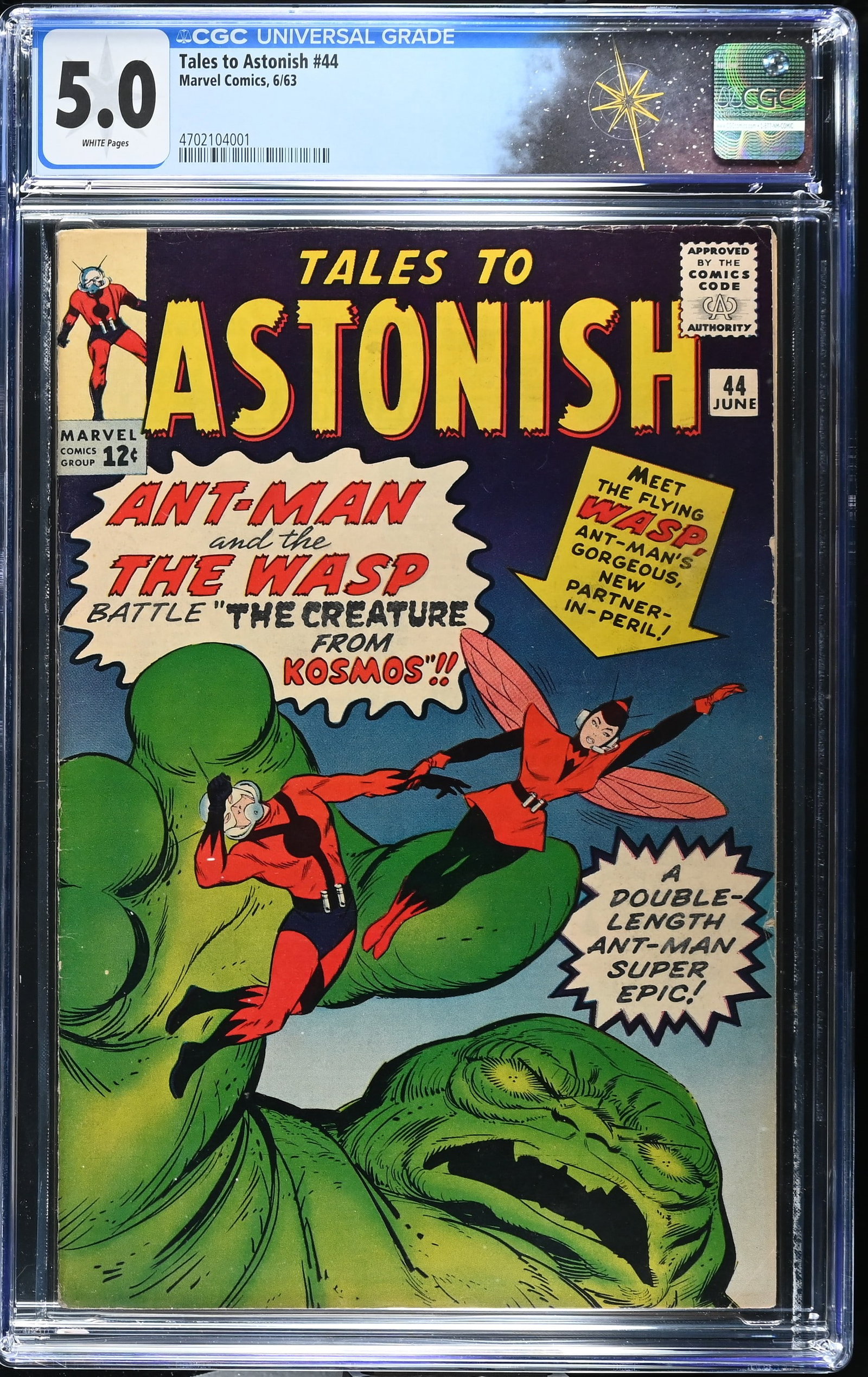 Tales to Astonish #44 CGC 5.0 1st Appearance and Origin of the Wasp (Marvel Comics, 1963) White: Tales to Astonish #44 CGC 5.0 1st Appearance and Origin of the Wasp (Marvel Comics 1963).Cover by Jack Kirby and Don Heck. The Creature from Kosmos!, script by Stan Lee and Ernie Hart [H. E. Huntley],
