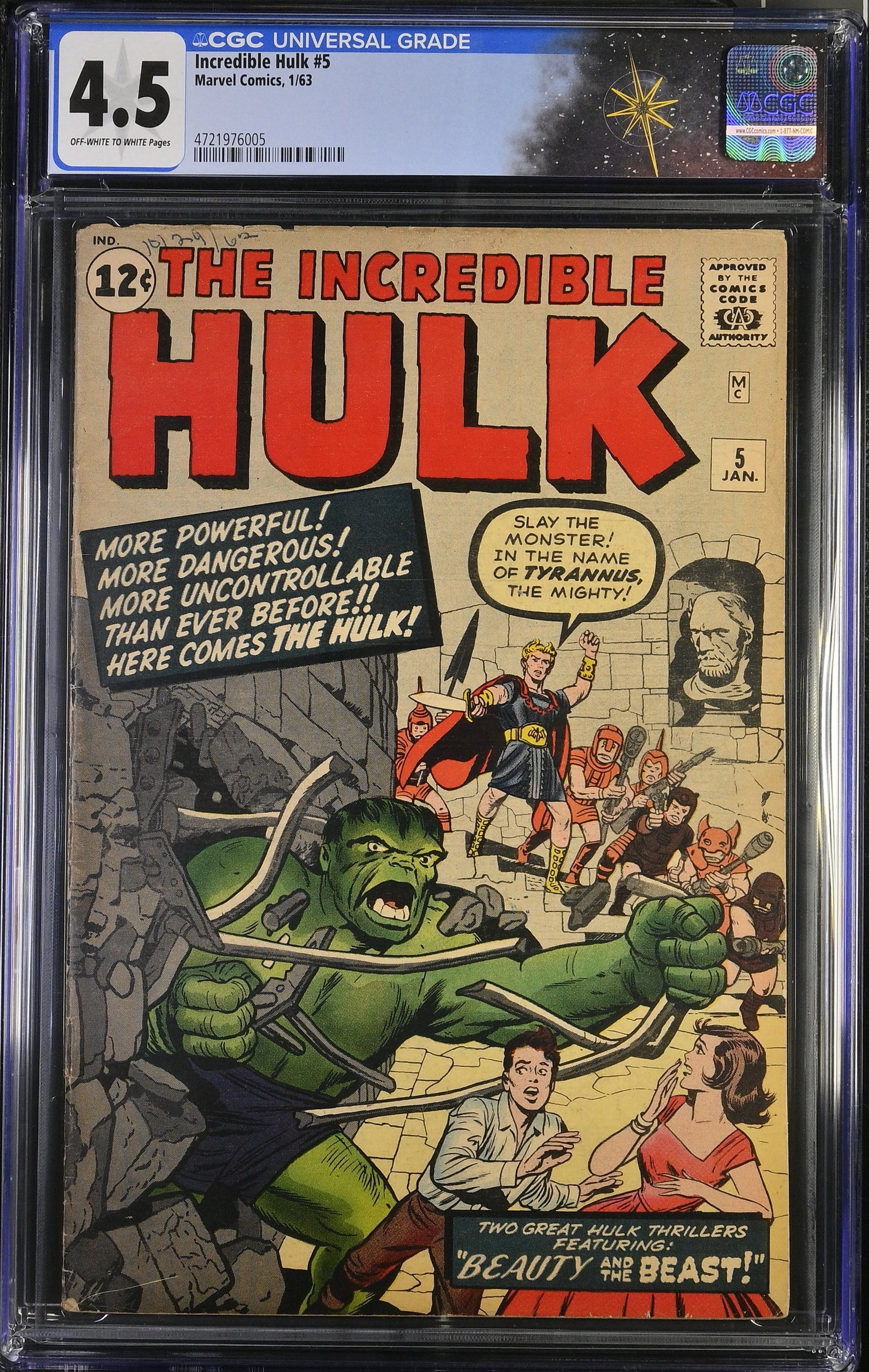 Incredible Hulk #5 CGC 4.5 1st Appearance of Tyrannus Cover by Jack Kirby (Marvel Comics, 1963): Incredible Hulk #5 CGC 4.5 1st Appearance of Tyrannus ?Cover by Jack Kirby (Marvel Comics, 1963).Cover pencils by Jack Kirby, inks by Dick Ayers. "Beauty and the Beast!," script by Stan Lee, pencils b