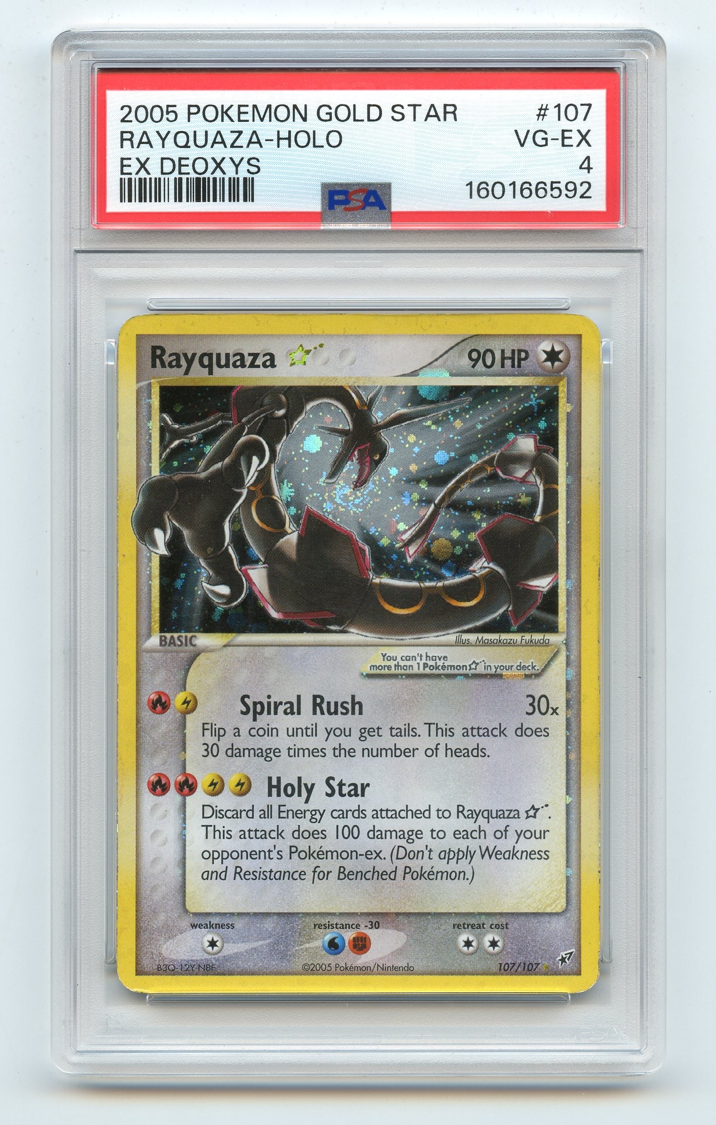 PSA 4 Rayquaza Gold Star #107 - EX Deoxys *Swirl in Mouth*: Rayquaza Gold Star #107 from EX Deoxys, graded VG-EX 4 by PSA.This stunning card is extra special. In addition to being the most coveted Rayquaza in the TCG, this particular card shows a prominent