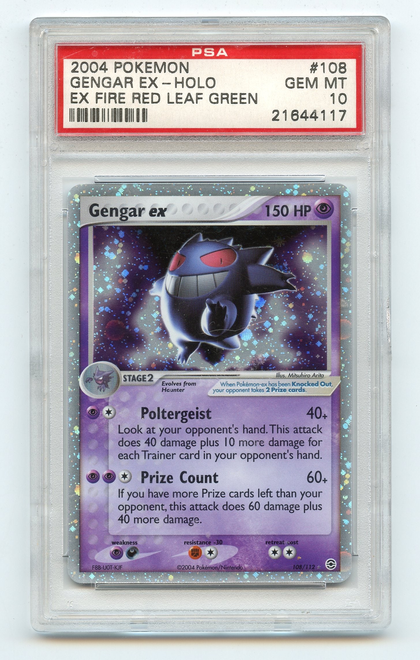 PSA 10 Gengar ex #108 - EX Fire Red & Leaf Green: Gengar ex #108 from EX Fire Red & Leaf Green, graded GEM MT 10 by PSA.Potentially the most desirable Gengar grail in the TCG, this original Gengar ex is a stunning example, with memorable artwork