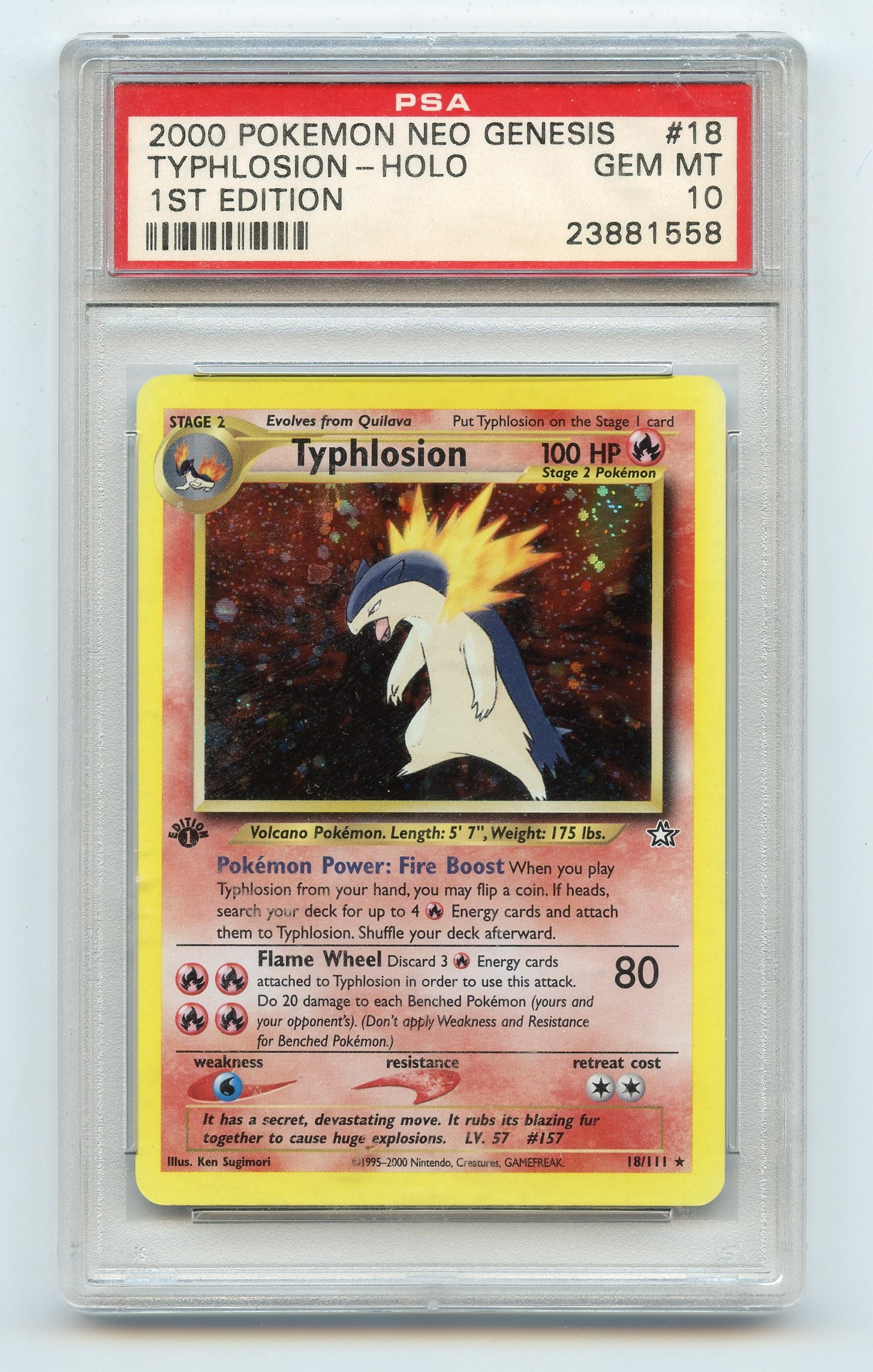 PSA 10 Typhlosion #18 1st Edition Holo - Neo Genesis: Typhlosion #18 1st Edition Holo from Neo Genesis, graded GEM MT 10 by PSA.
