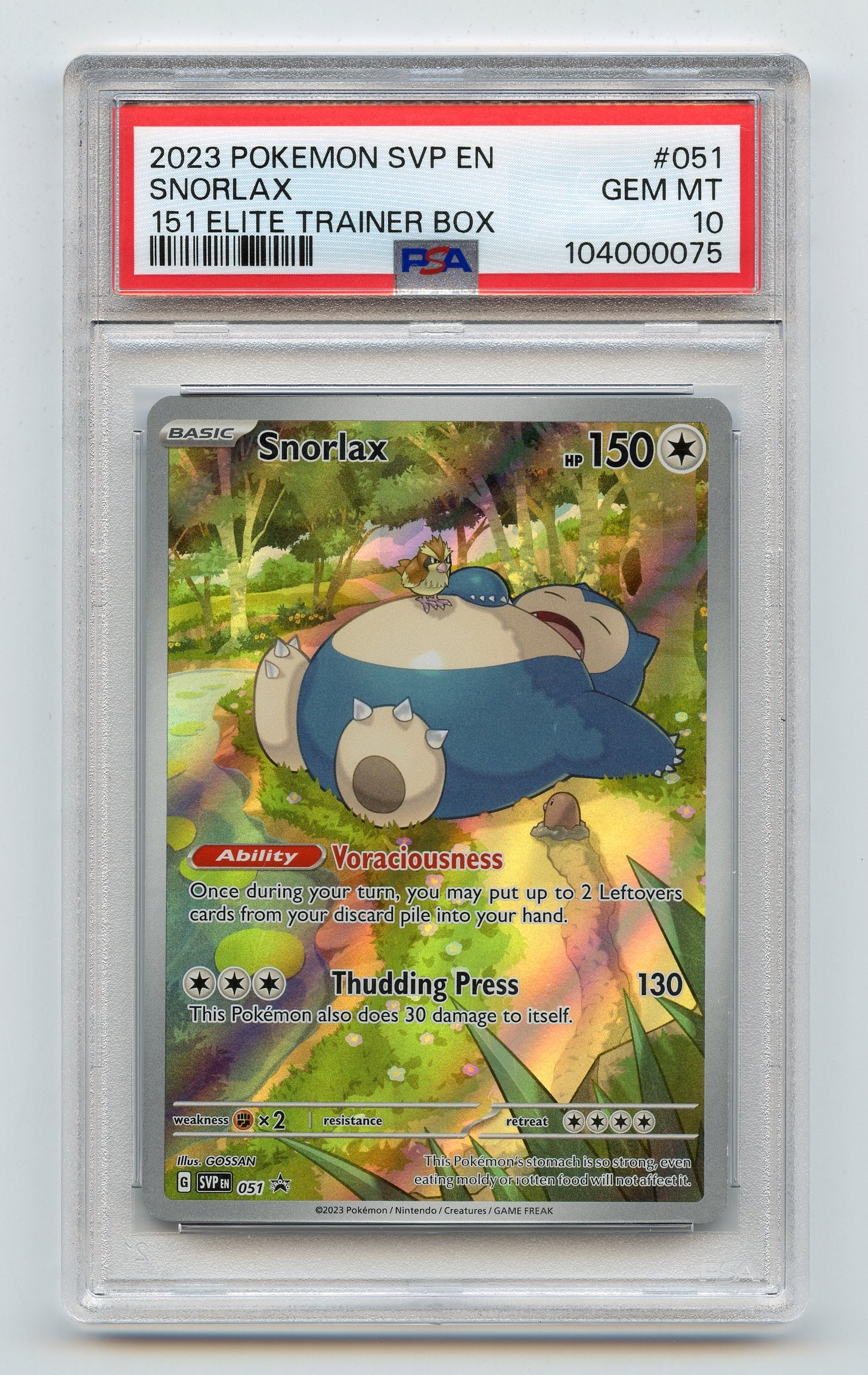 PSA 10 Snorlax #51 Black Star Promo - 151 Elite Trainer Box: Snorlax #51 Black Star Promo from the 151 Elite Trainer Box, graded GEM MT 10 by PSA.