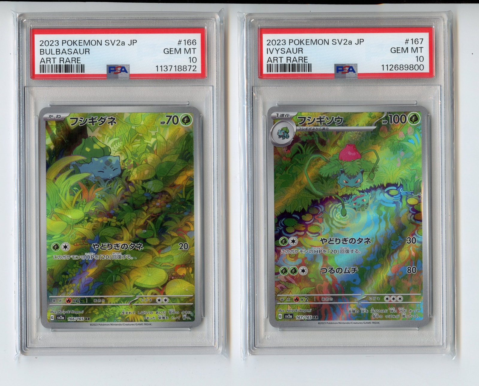 PSA 10 Bulbasaur #166 // Ivysaur #167 - SV2a (JP.): Both the Bulbasaur #166 and Ivysaur #167 from SV2a, in Japanese, each graded GEM MT 10 by PSA.