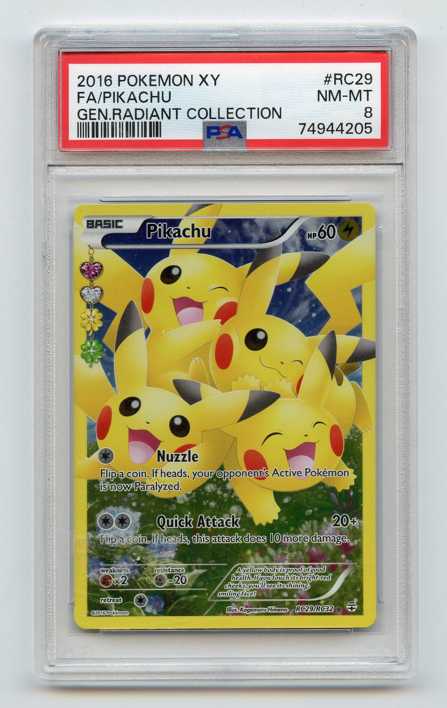 PSA 8 Pikachu #RC29 XY Radiant Collection: Pikachu #RC29 from the XY Radiant Collection (2016), graded NM-MT 8 by PSA.