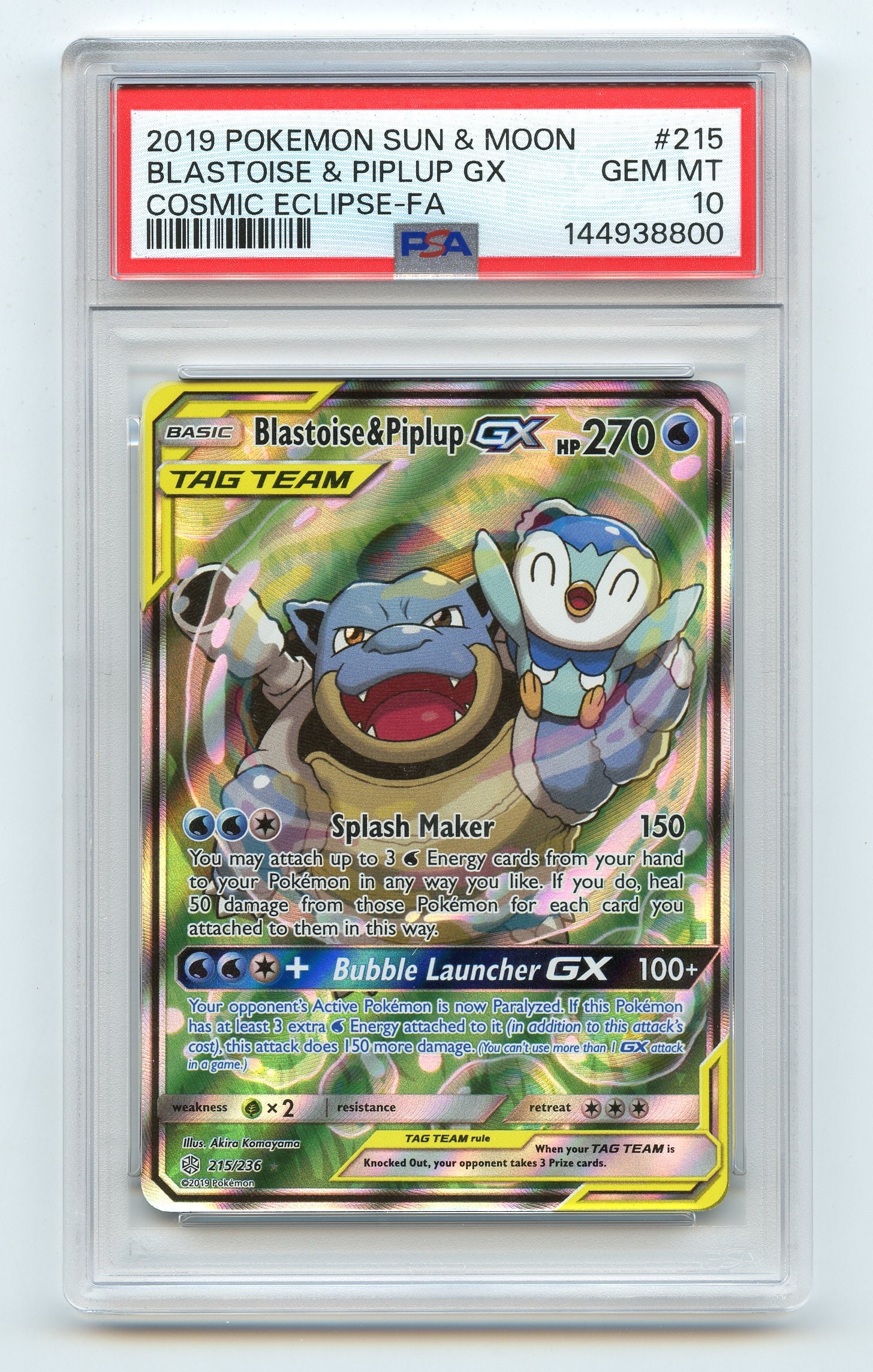 PSA 10 Blastoise & Piplip GX #215 Full Art - Cosmic Eclipse: Blastoise & Piplip GX #215 Full Art from Cosmic Eclipse, graded GEM MT 10 by PSA