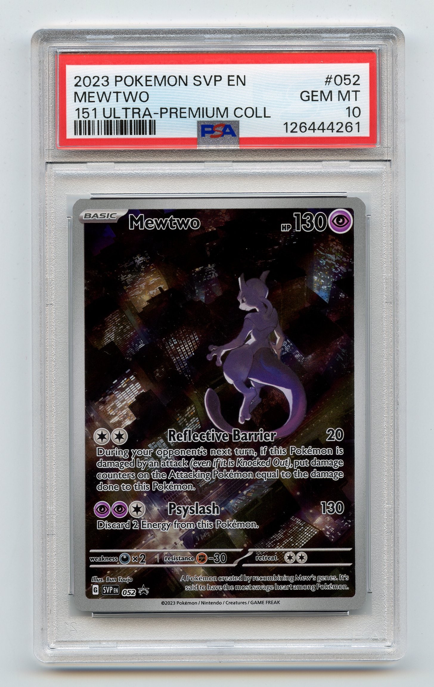PSA 10 Mewtwo #52 Promo - 151 Ultra Premium Collection: Mewtwo #52 Promo from the 151 Ultra Premium Collection (2023), graded GEM MT 10 by PSA.