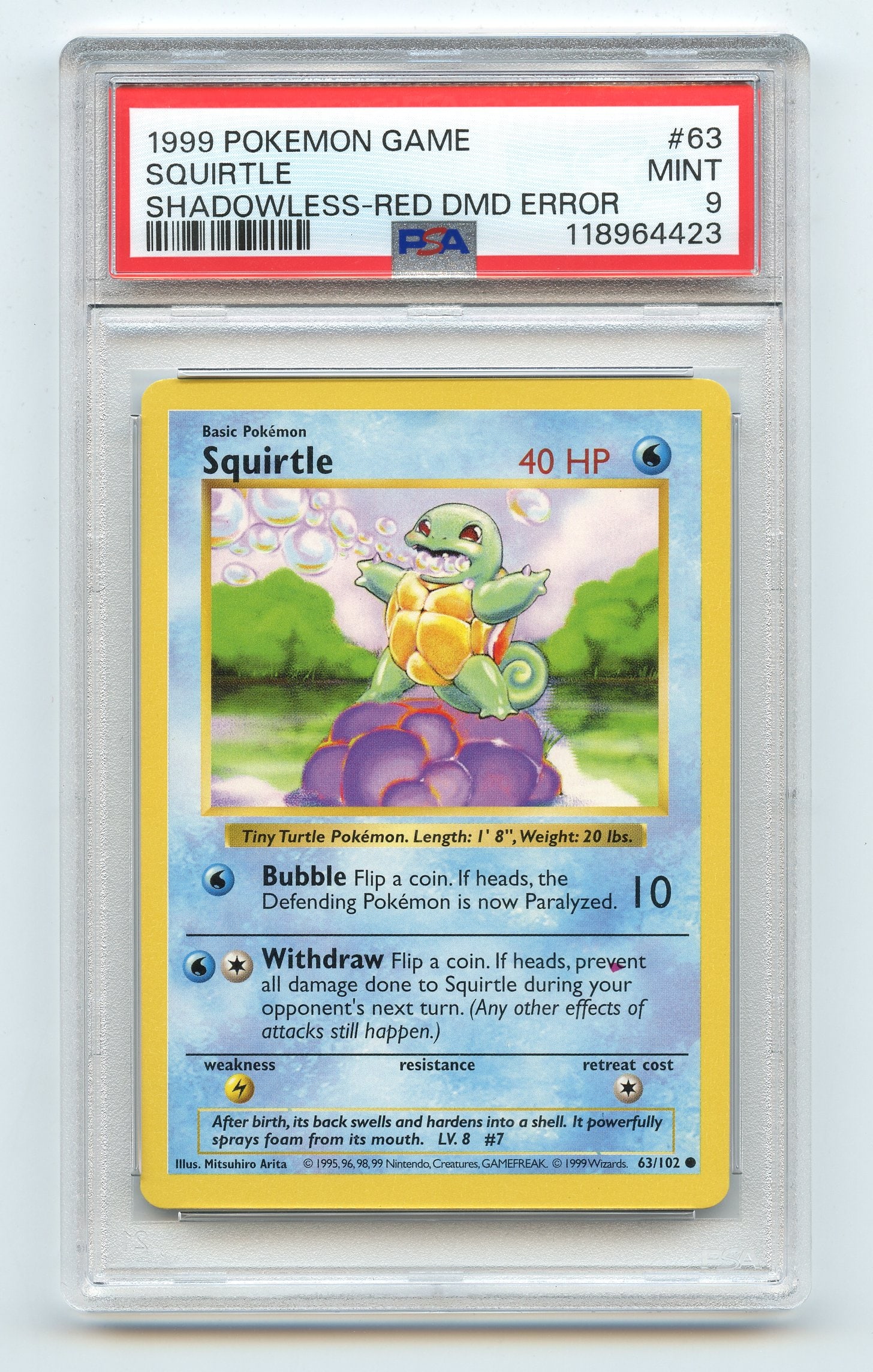 PSA 9 Squirtle #63 Shadowless Red Diamond Error Base Set (1 of 2)