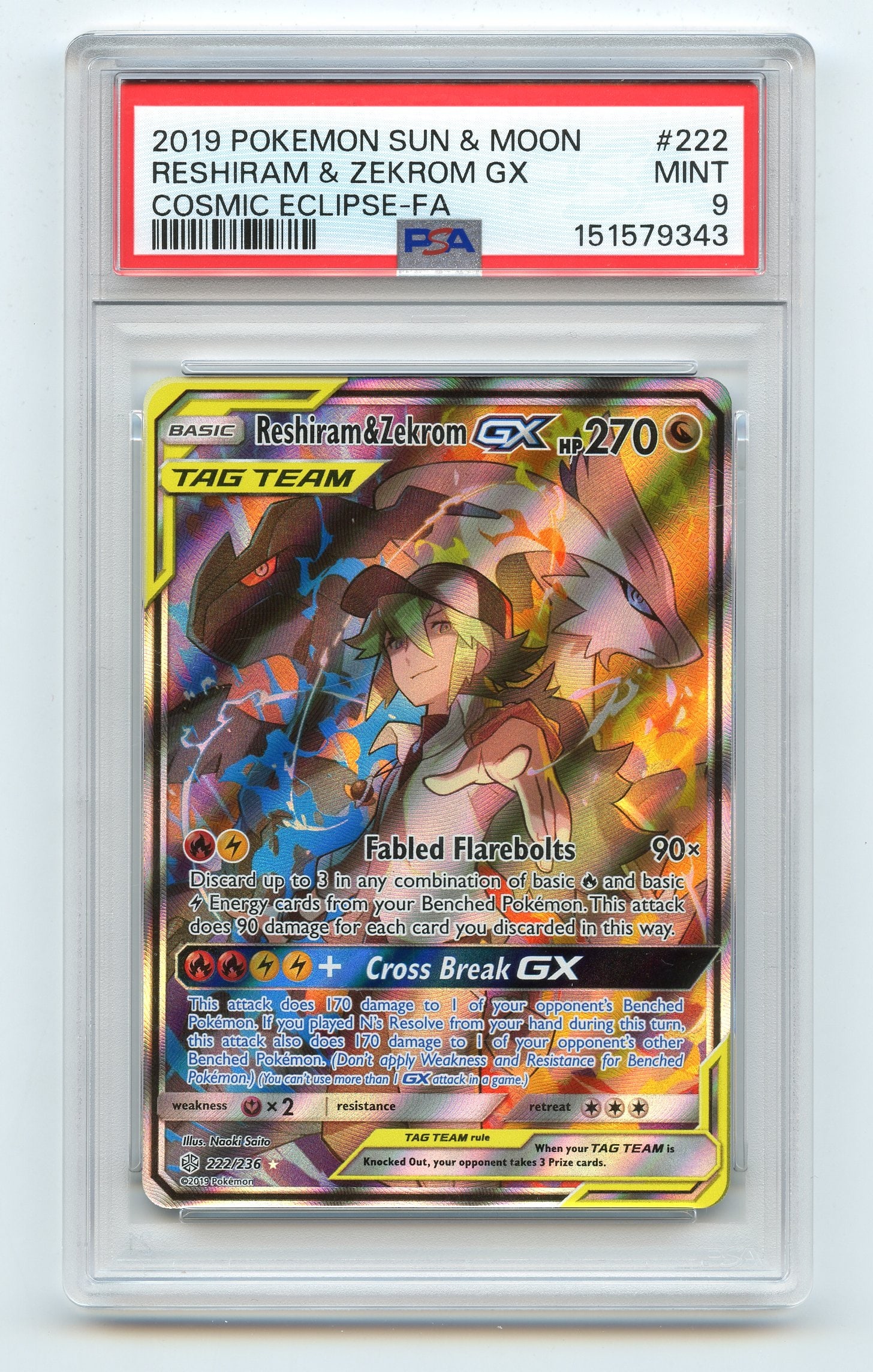 PSA 9 Reshiram & Zekrom GX Tag Team #222 Full Art - Cosmic Eclipse: Reshiram & Zekrom GX Tag Team #222 full-art from Cosmic Eclipse, graded MINT 9 by PSA.