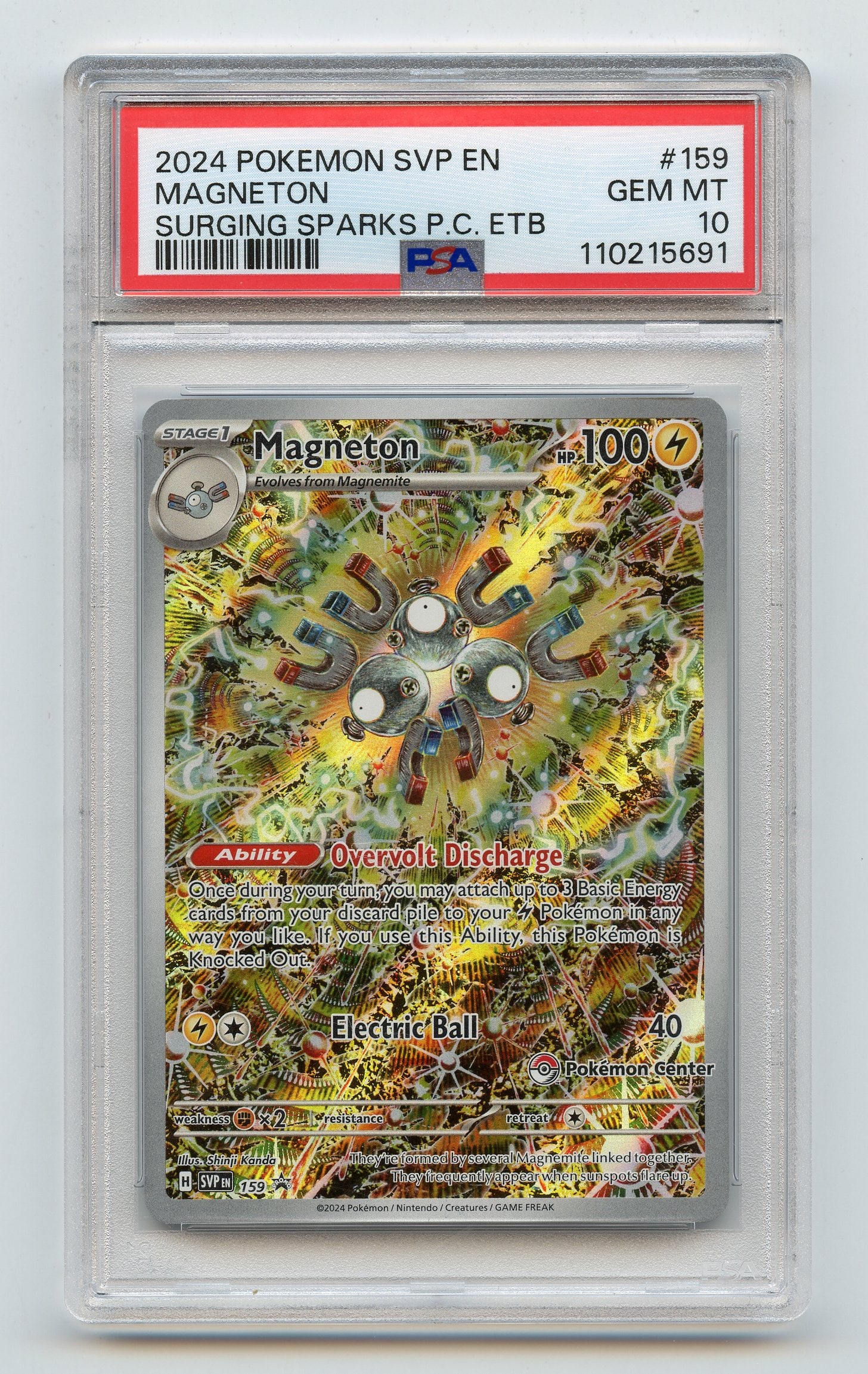 PSA 10 Magneton #159 Surging Sparks Promo POKEMON CENTER Ver.: Magneton #159 Surging Sparks Promo with the Pokemon Center exclusive stamp, graded GEM MT 10 by PSA.