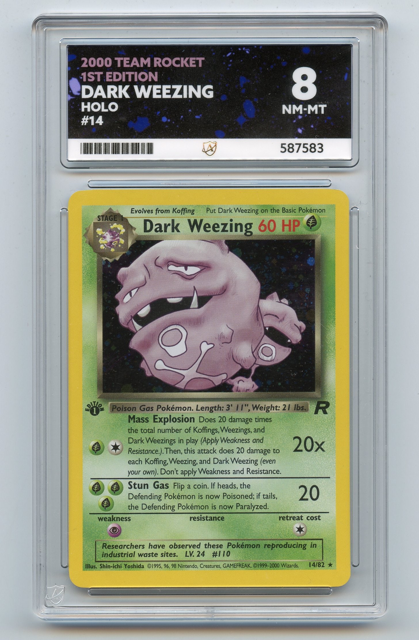 ACE 8 Dark Weezing #14 1st Edition Holo - Team Rocket: Dark Weezing #14 1st Edition Holo from Team Rocket (2000), graded NM-MT 8 by ACE.