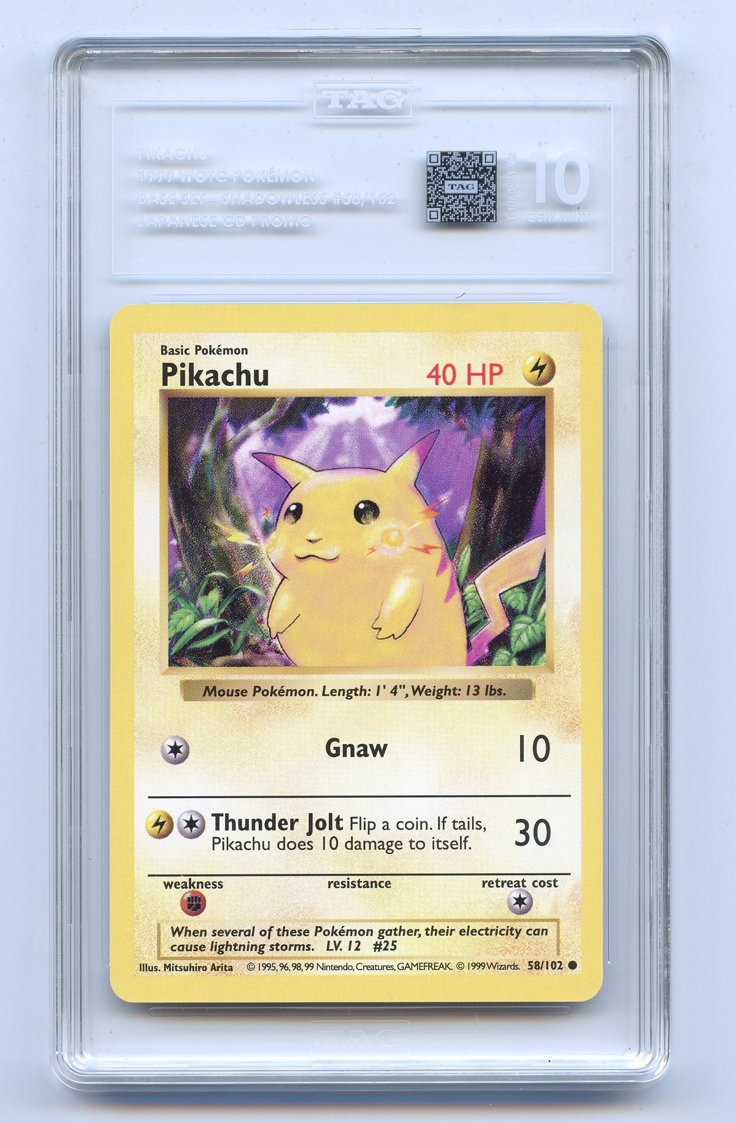 TAG 10 Pikachu #58 Shadowless CD Promo: The rare Pikachu #58 Shadowless CD Promo, graded GEM MINT 10 by TAG.