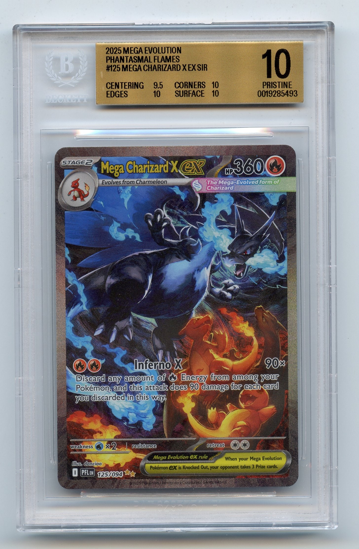 BGS 10 Mega Charizard X ex #125 Special Illustration Rare Phantasmal Flames: The Mega Charizard X ex #125 Special Illustration Rare from the Phantasmal Flames expansion, graded PRISTINE 10 by BGS.This is an almost flawless example of the card, with incredible subgrades of