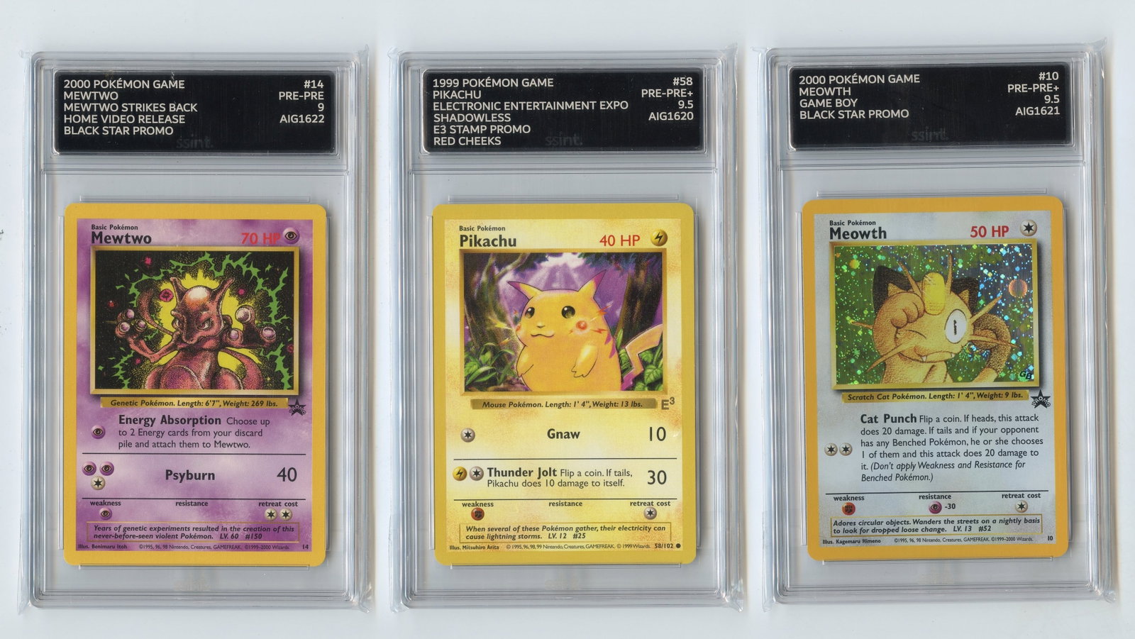 Graded Vintage Promo Collection (x3 cards): This lot features x3 SSINT graded vintage promos. It includes the following:Pikachu #58 E3 Stamp 'Red Cheeks' Promo(9.5)Meowth #10 Game Boy Black Star Promo (9.5)Mewtwo #14 Mewtwo Strikes Back Black S
