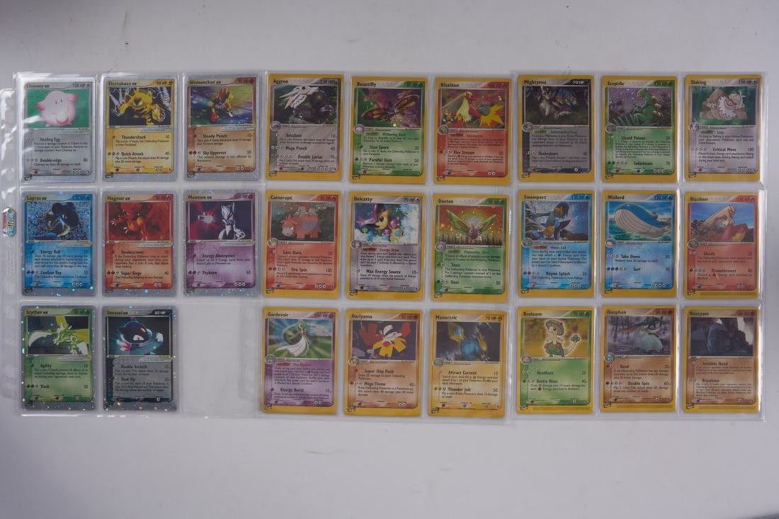 EX Ruby Complete Set 109/109: A complete 109/109 EX Ruby set, originally released June 18, 2003. This is an excellent example of the set, with ideal binder copies that mostly range from LP - NM conditions, with some minor exceptio