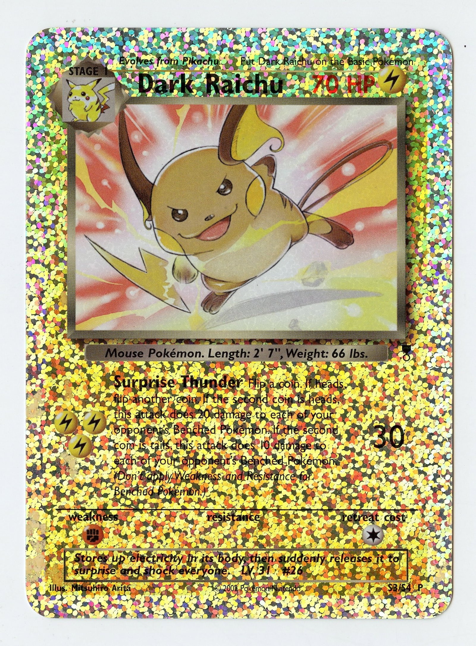Dark Raichu #S3 Jumbo Box Topper - Legendary Collection: Dark Raichu #S3 Jumbo Box Topper Firework holo from the Legendary Collection, in excellent condition with only very minor surface and border wear.