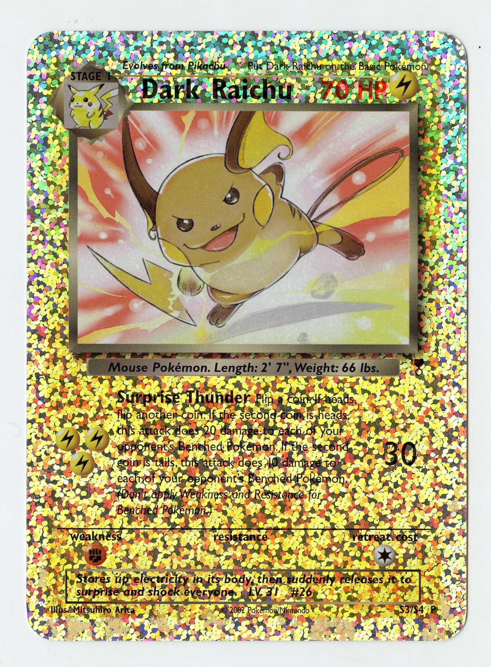 Dark Raichu #S3 Jumbo Box Topper - Legendary Collection: Dark Raichu #S3 Jumbo Box Topper Firework holo from the Legendary Collection, in excellent condition with only very minor surface and border wear.