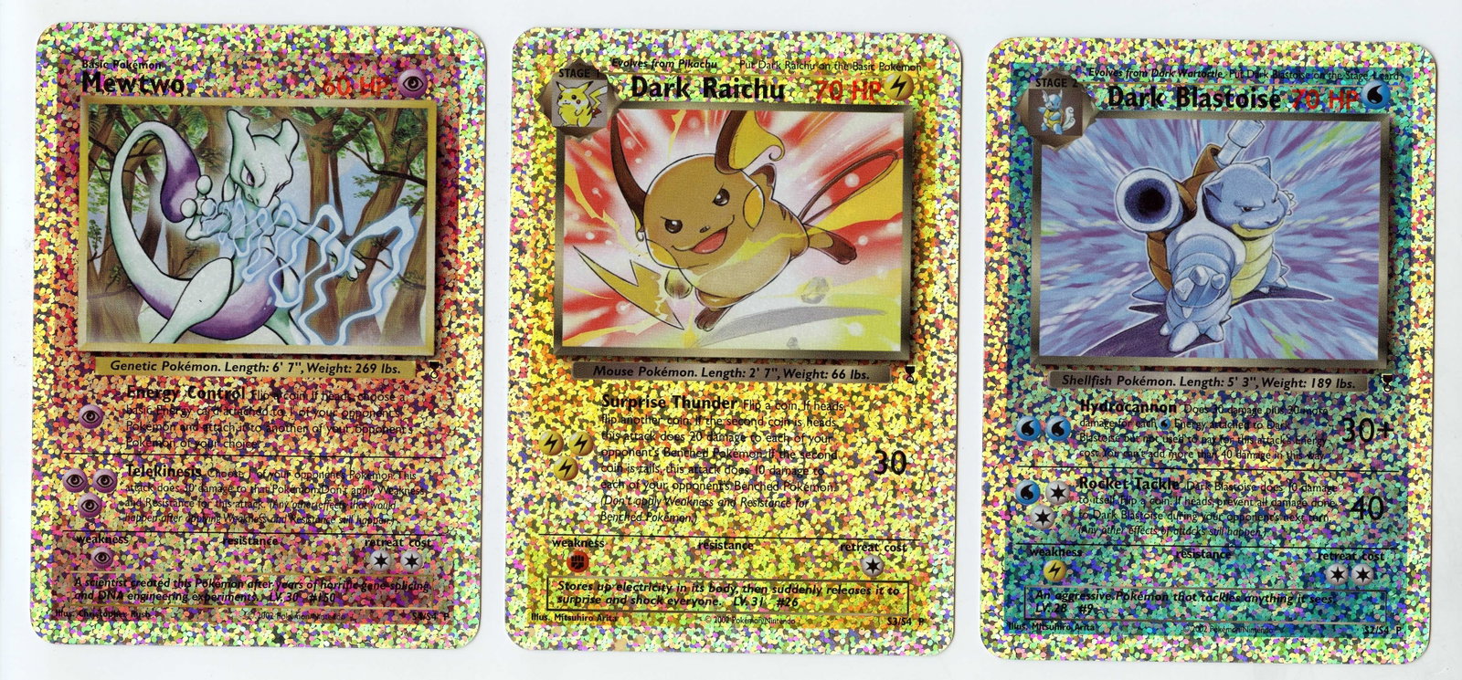 Dark Blastoise #S2 // Dark Raichu #S3 // Mewtwo #S4 Jumbo Box Toppers - Legendary Collection: Dark Blastoise #S2, Dark Raichu #S3, and Mewtwo #S4 Jumbo firework holo Box Toppers from the Legendary Collection. The Mewtwo and Riachu cards are in excellent condition, with only very minor wear on 