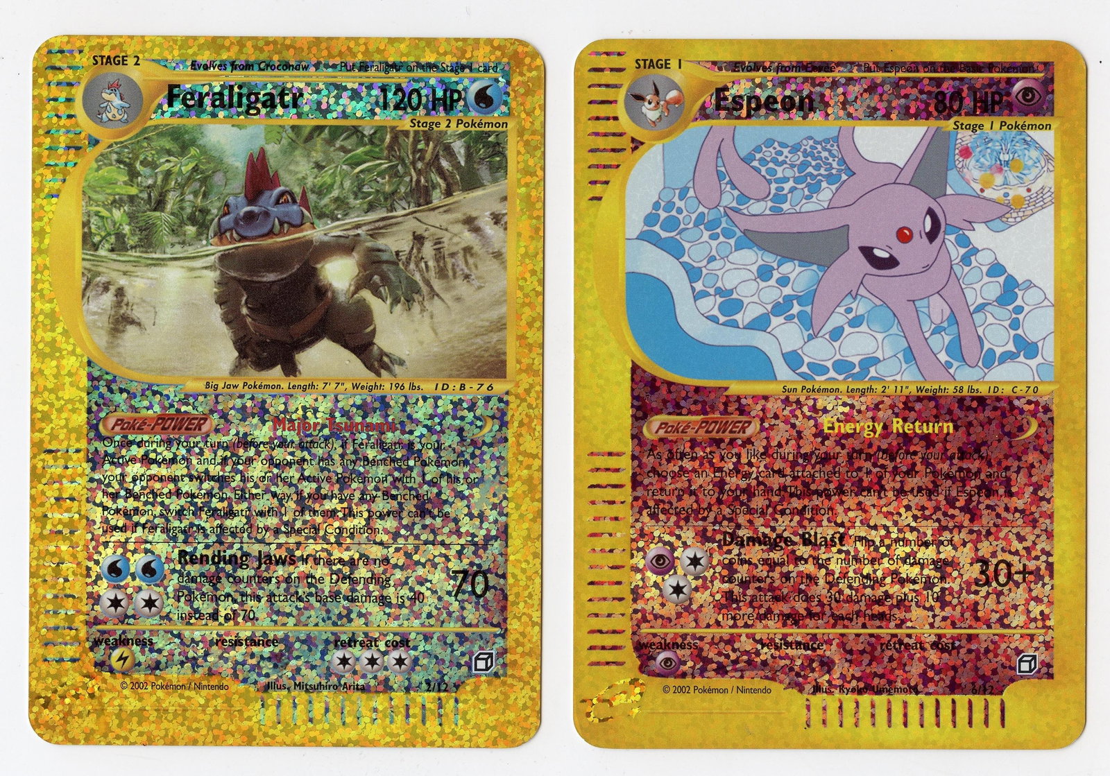 Feraligatr #2 (Expedition) Espeon #6 (Aquapolis) Box Toppers: The Feraligatr #2 (from Expedition) and Espeon #6 (from Aquapolis) jumbo Box Toppers. The Espeon has only very minor whitening on the borders and light surface scuffs, while the Feraligatr has started