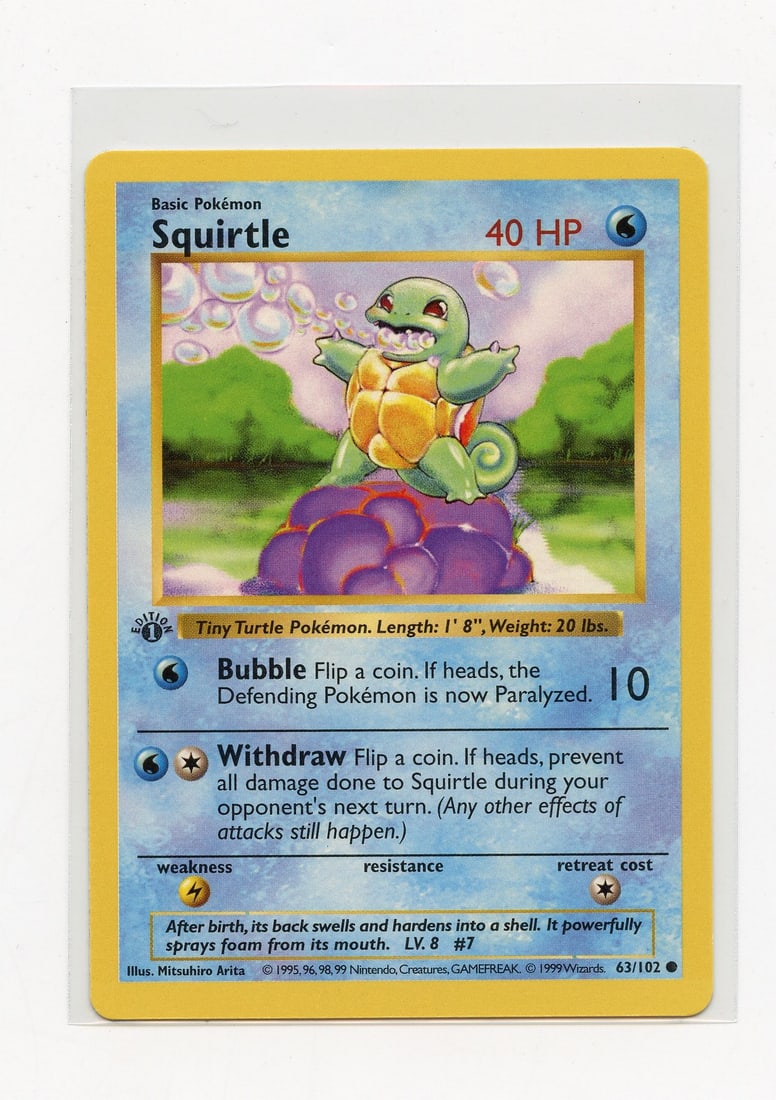 Squirtle #63 1st Edition Shadowless - Base Set (NM): Squirtle #63 1st Edition Shadowless from the original Base Set, released in 1999. This is a fantastic example, in Near Mint condition.