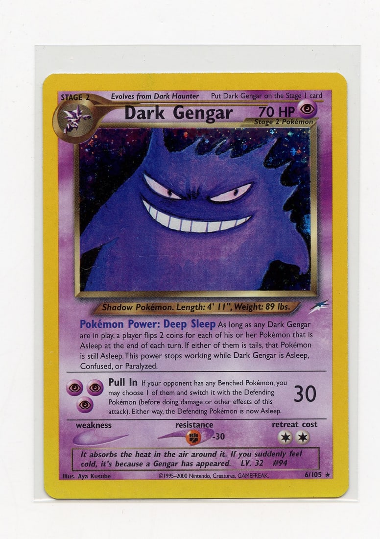Dark Gengar #6 Holo Neo Destiny - LP+: Dark Gengar #6 Holo from the Neo Destiny set, in Light Play condition. This card looks fantastic but does have some light surface marks and silvering that show the holo layer, in addition to some spec